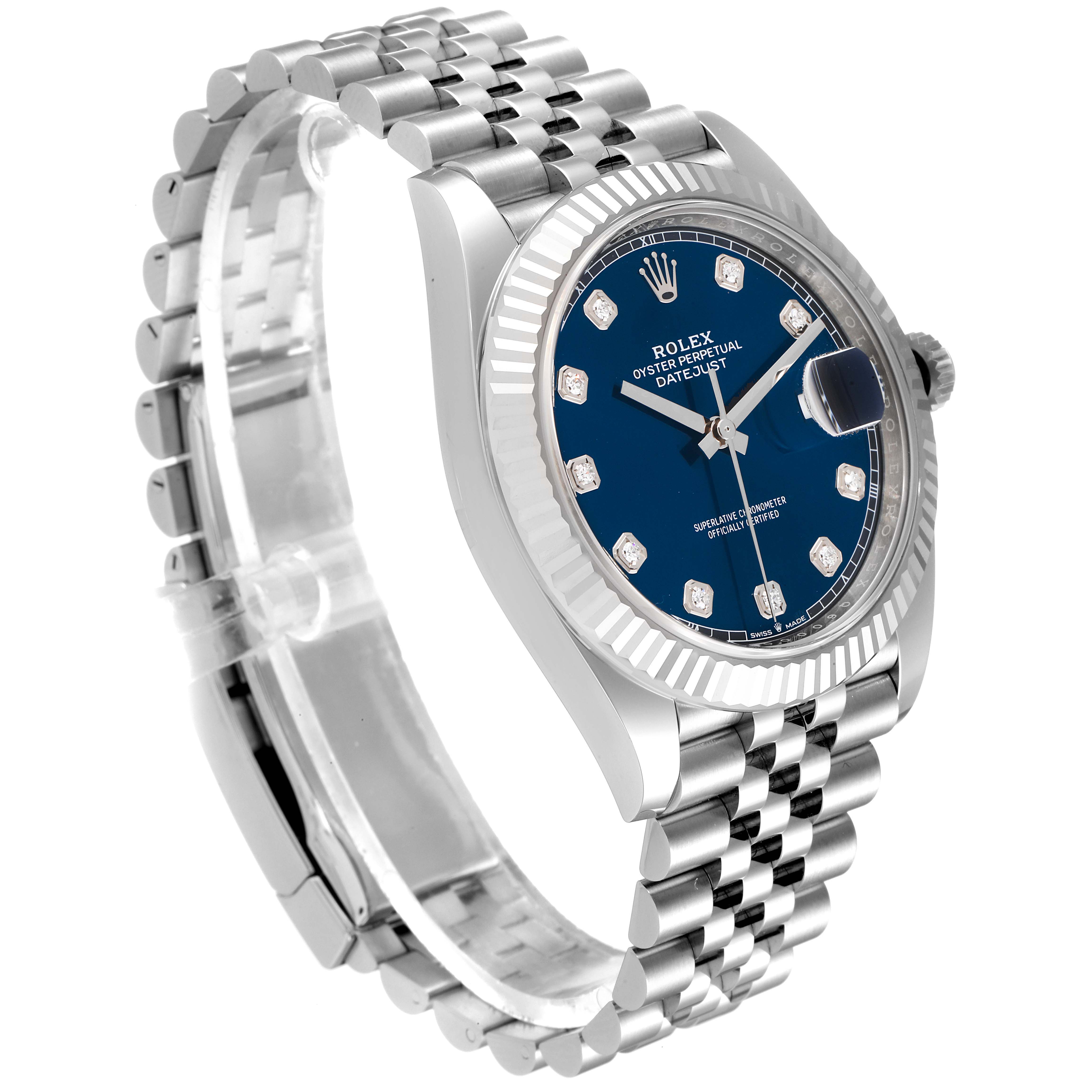 The Rolex Datejust 41 126334 Men
s Stainless Steel Blue Dial 126334 Men
s Stainless Steel Blue Dial watch is shown at an angled side view, highlighting its blue dial, fluted bezel, and Jubilee bracelet.