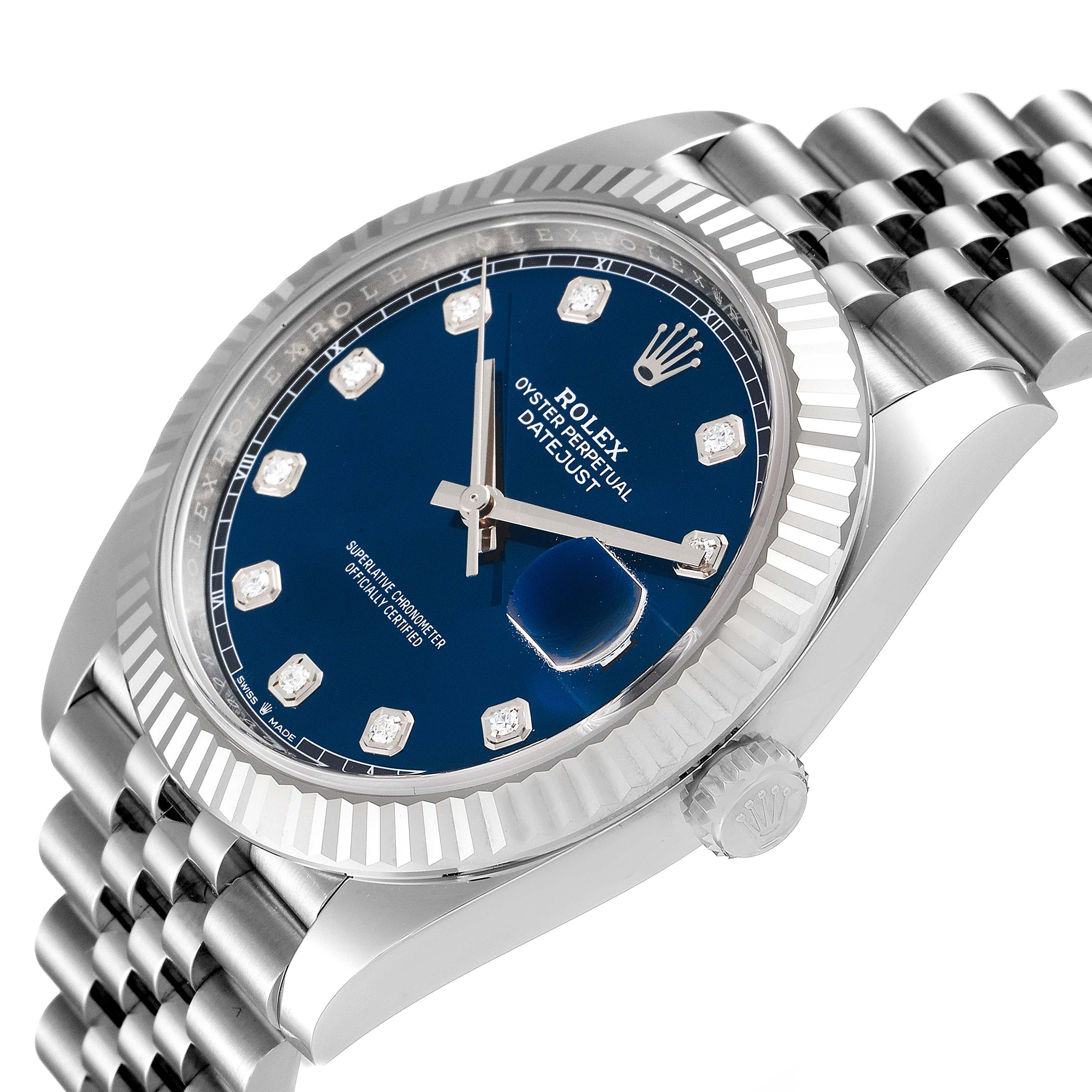 The Rolex Datejust 41 126334 Men
s Stainless Steel Blue Dial 126334 Men
s Stainless Steel Blue Dial is shown at an angle, displaying its blue dial, fluted bezel, and jubilee bracelet.