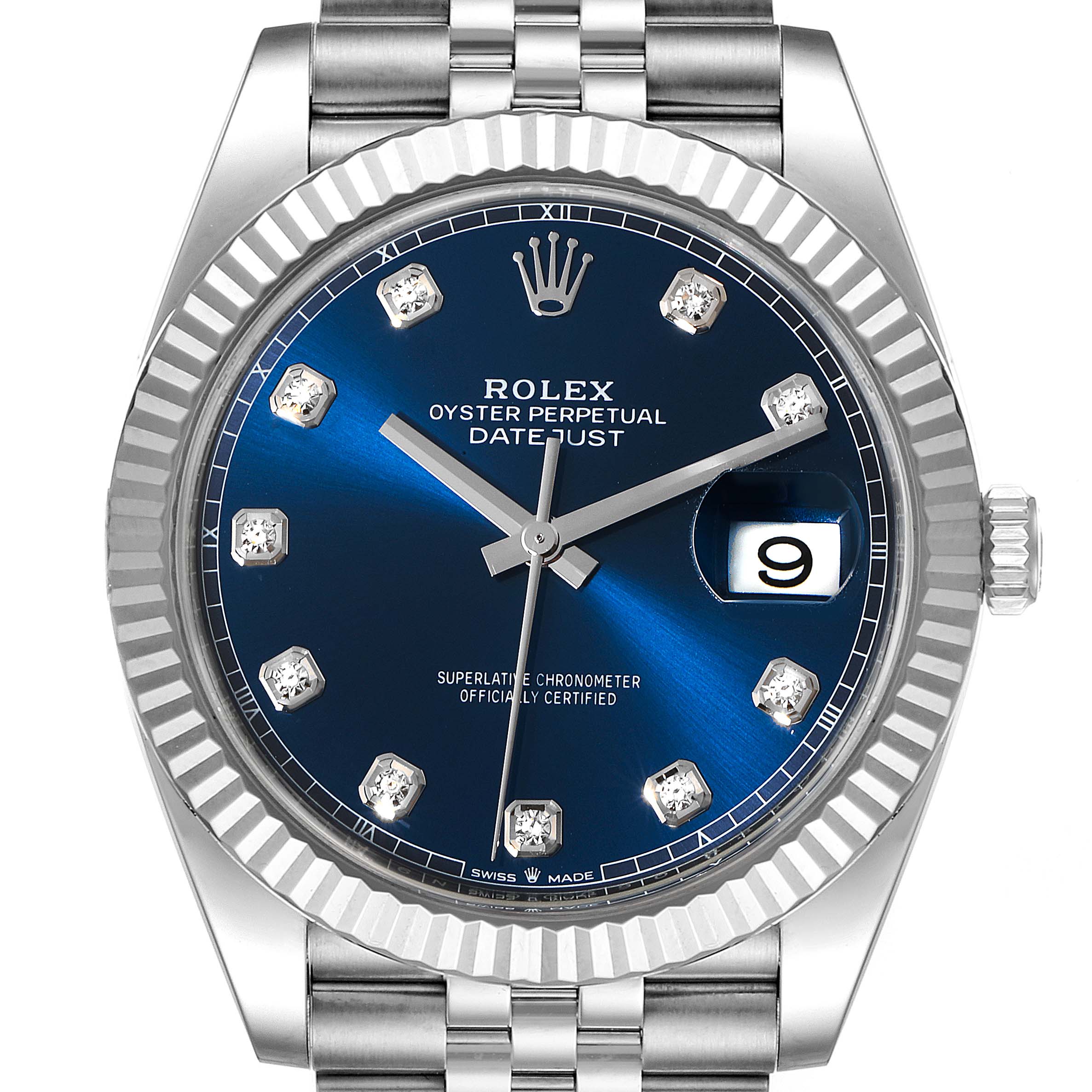 The image displays a front view of the Rolex Datejust 41 126334 Men
s Stainless Steel Blue Dial 126334 Men
s Stainless Steel Blue Dial watch, highlighting its face, bezel, and part of the bracelet.