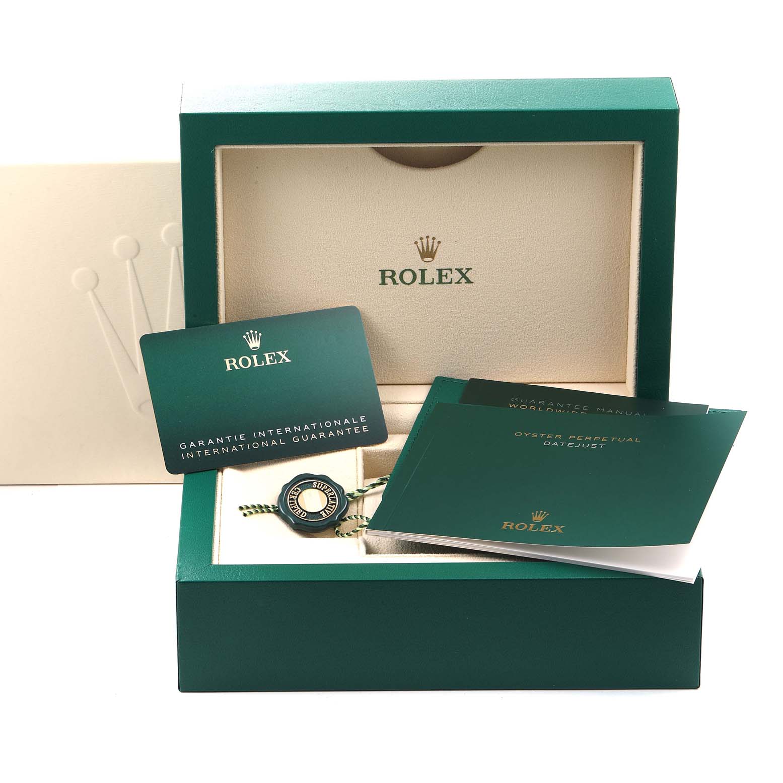 The image shows the box, warranty card, and documentation for a Rolex Datejust 41 126334 Men
s Stainless Steel Blue Dial 126334 Men
s Stainless Steel Blue Dial watch.