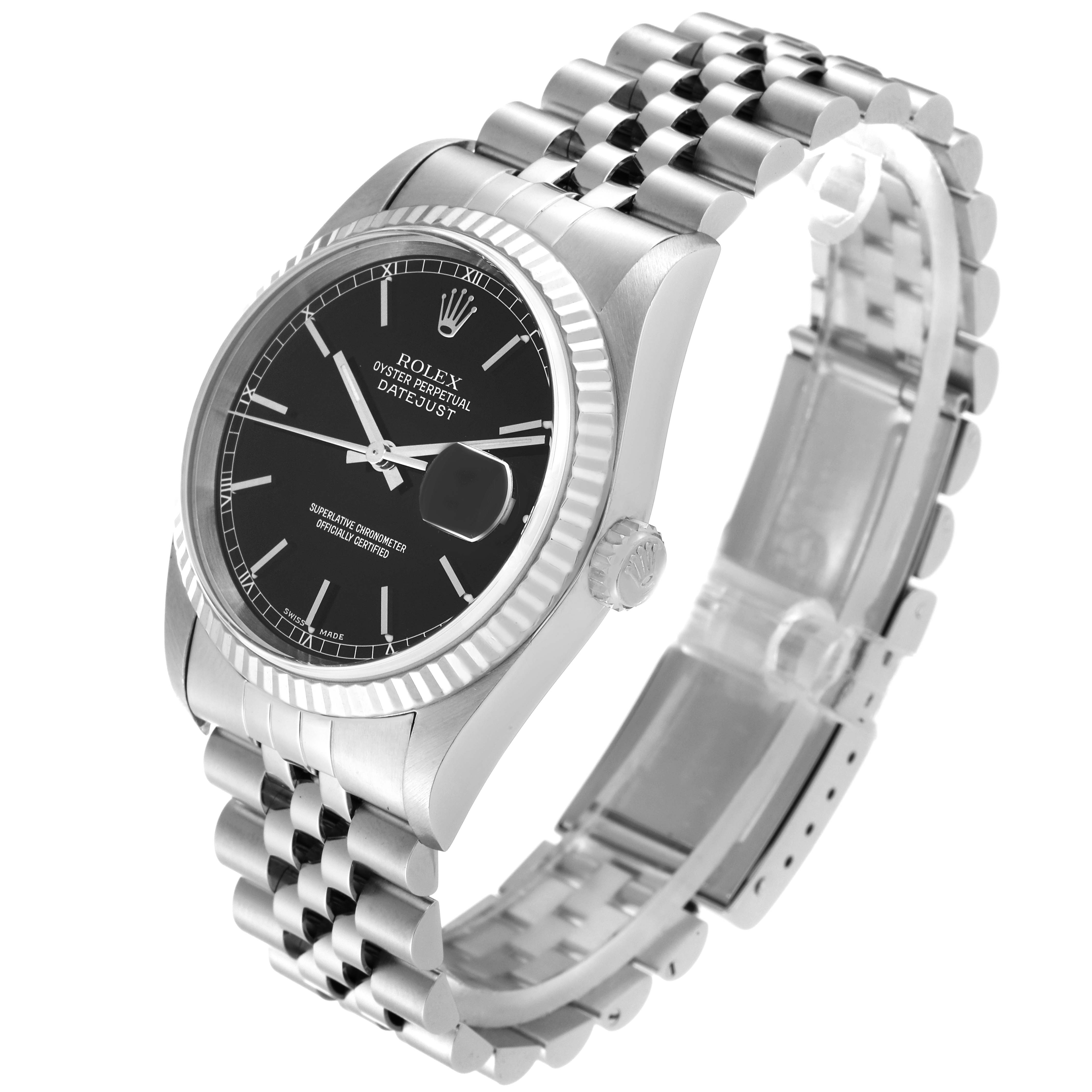 The Rolex Datejust 16234 Men
s Stainless Steel Black Dial 16234 Men
s Stainless Steel Black Dial is shown at a three-quarter angle, highlighting the face, bezel, crown, and Jubilee bracelet.