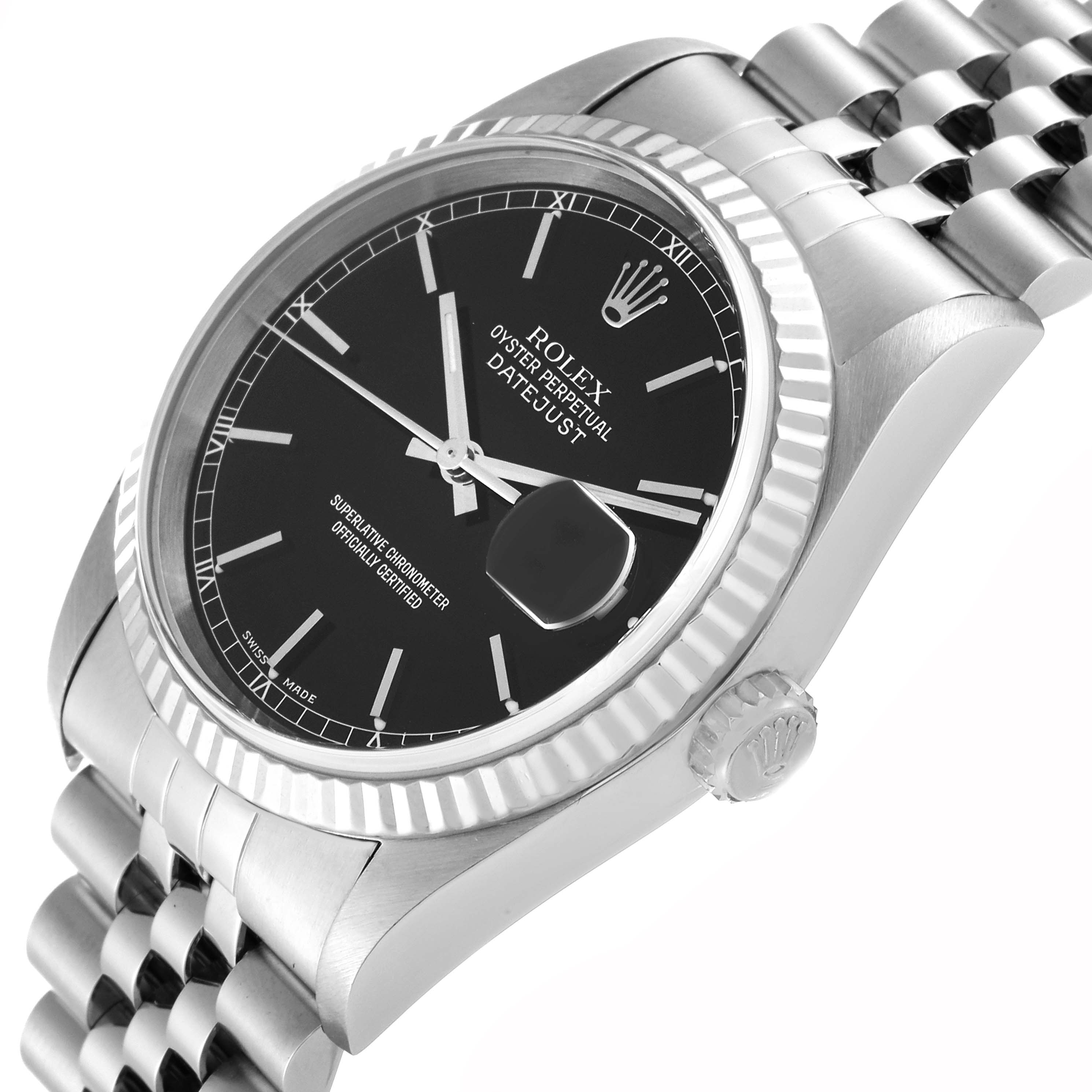 The Rolex Datejust 16234 Men
s Stainless Steel Black Dial 16234 Men
s Stainless Steel Black Dial watch is shown from a side angle, displaying the face, crown, and part of the bracelet.