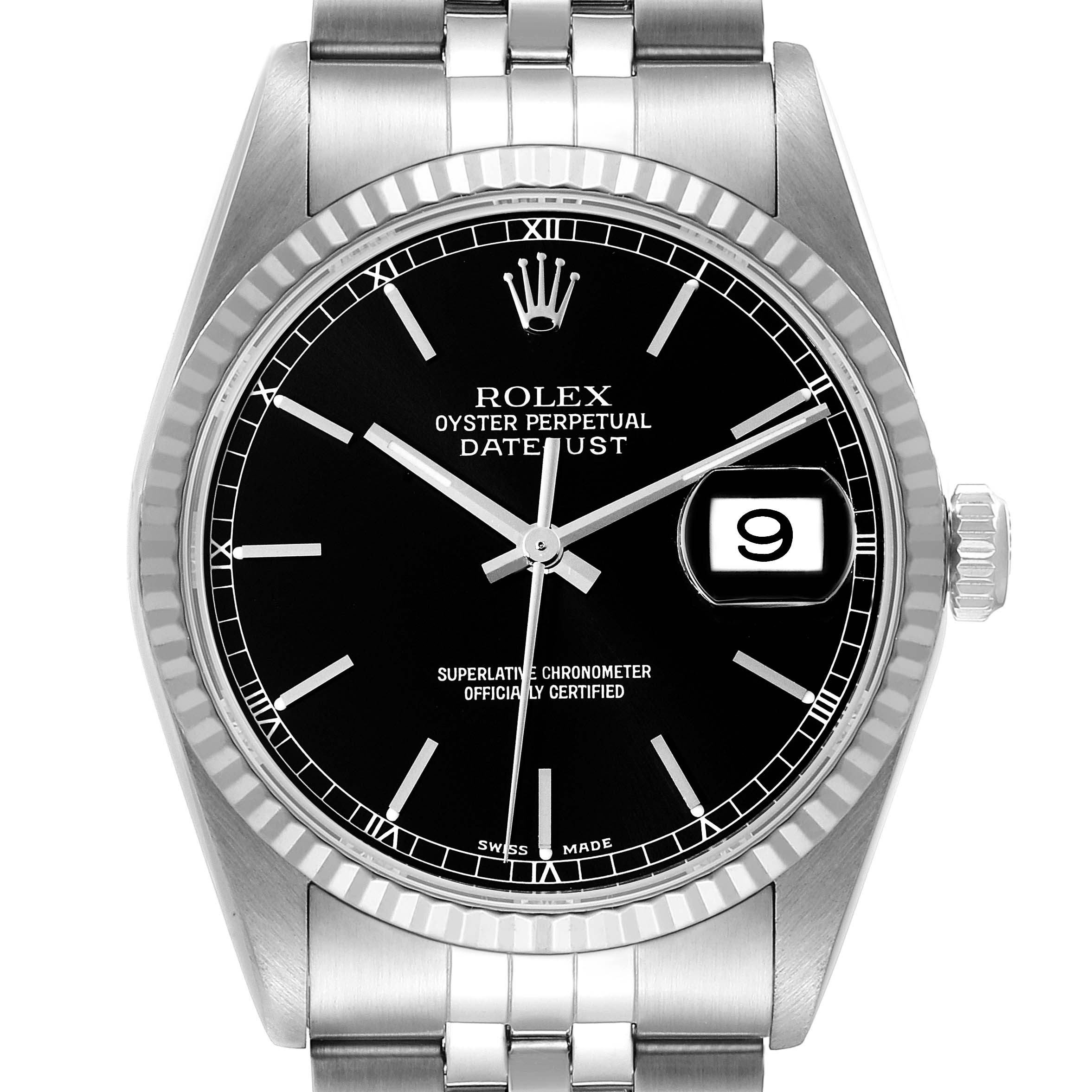 The Rolex Datejust 16234 Men
s Stainless Steel Black Dial 16234 Men
s Stainless Steel Black Dial watch is shown from a front view, highlighting the dial, bezel, crown, and part of the bracelet.
