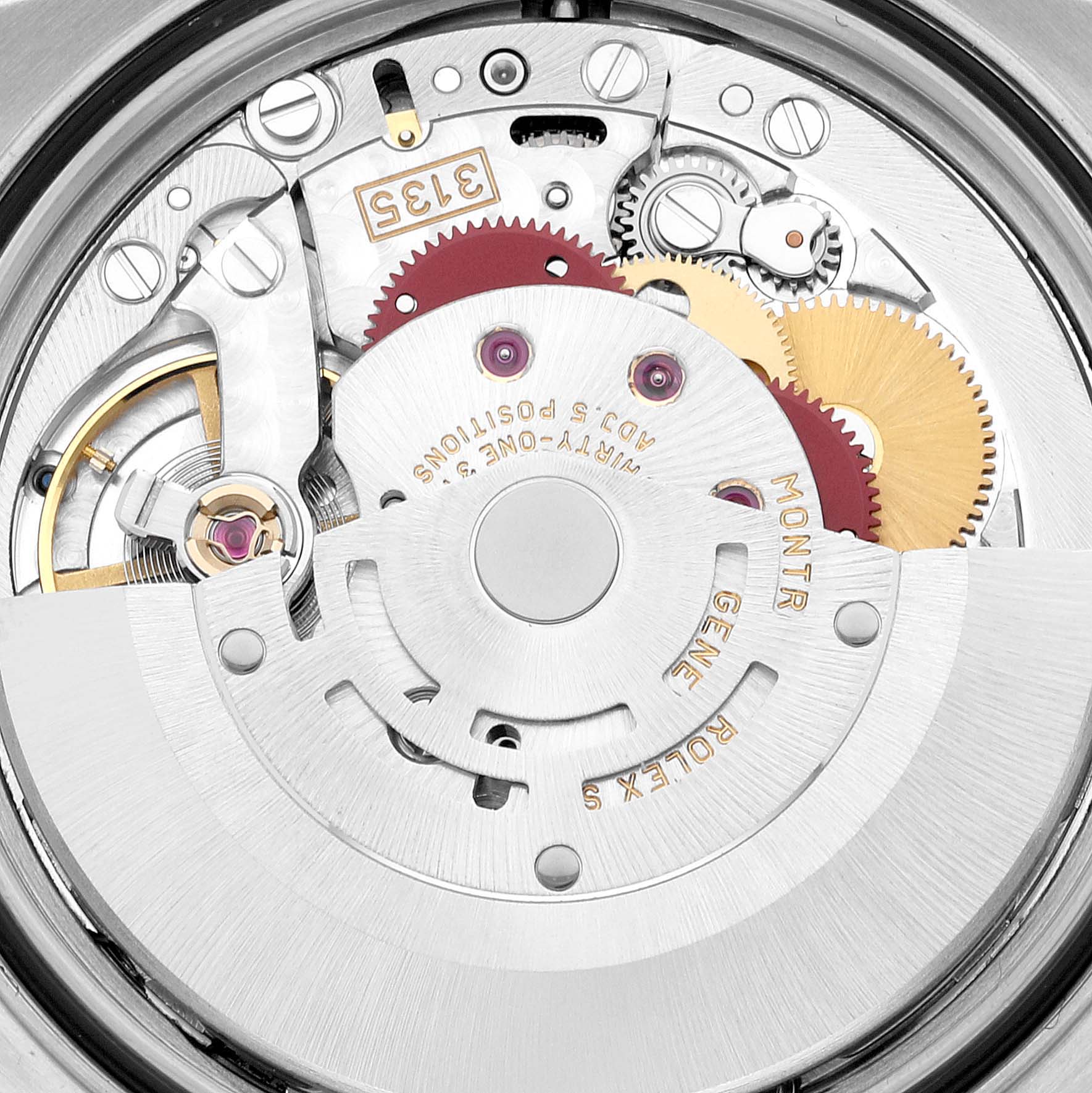 This image shows the intricate movement mechanism of a Rolex Datejust 16234 Men
s Stainless Steel Black Dial 16234 Men
s Stainless Steel Black Dial watch from a rear angle.