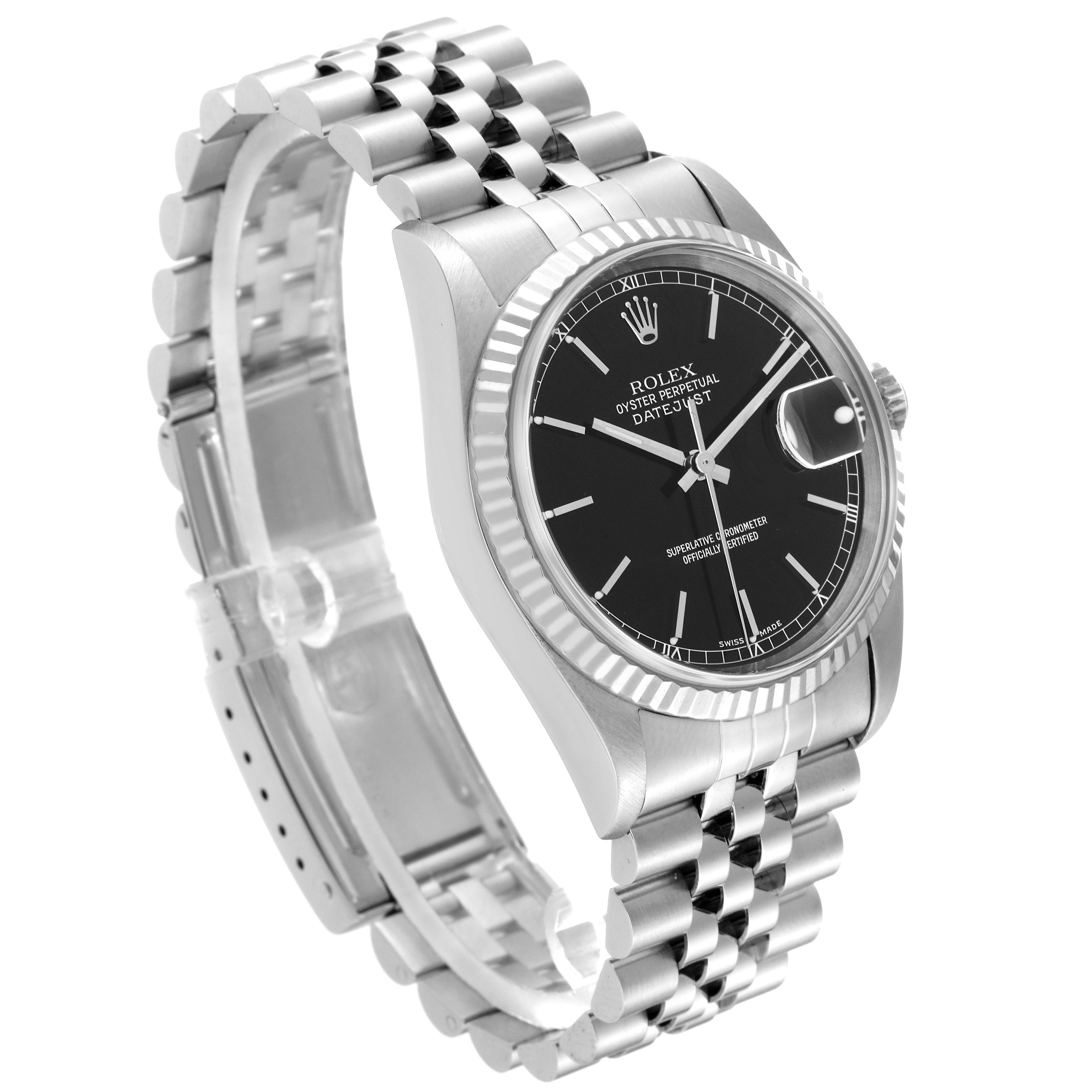 The Rolex Datejust 16234 Men
s Stainless Steel Black Dial 16234 Men
s Stainless Steel Black Dial watch is shown at a slight angle, featuring its face, bezel, crown, and Jubilee bracelet.