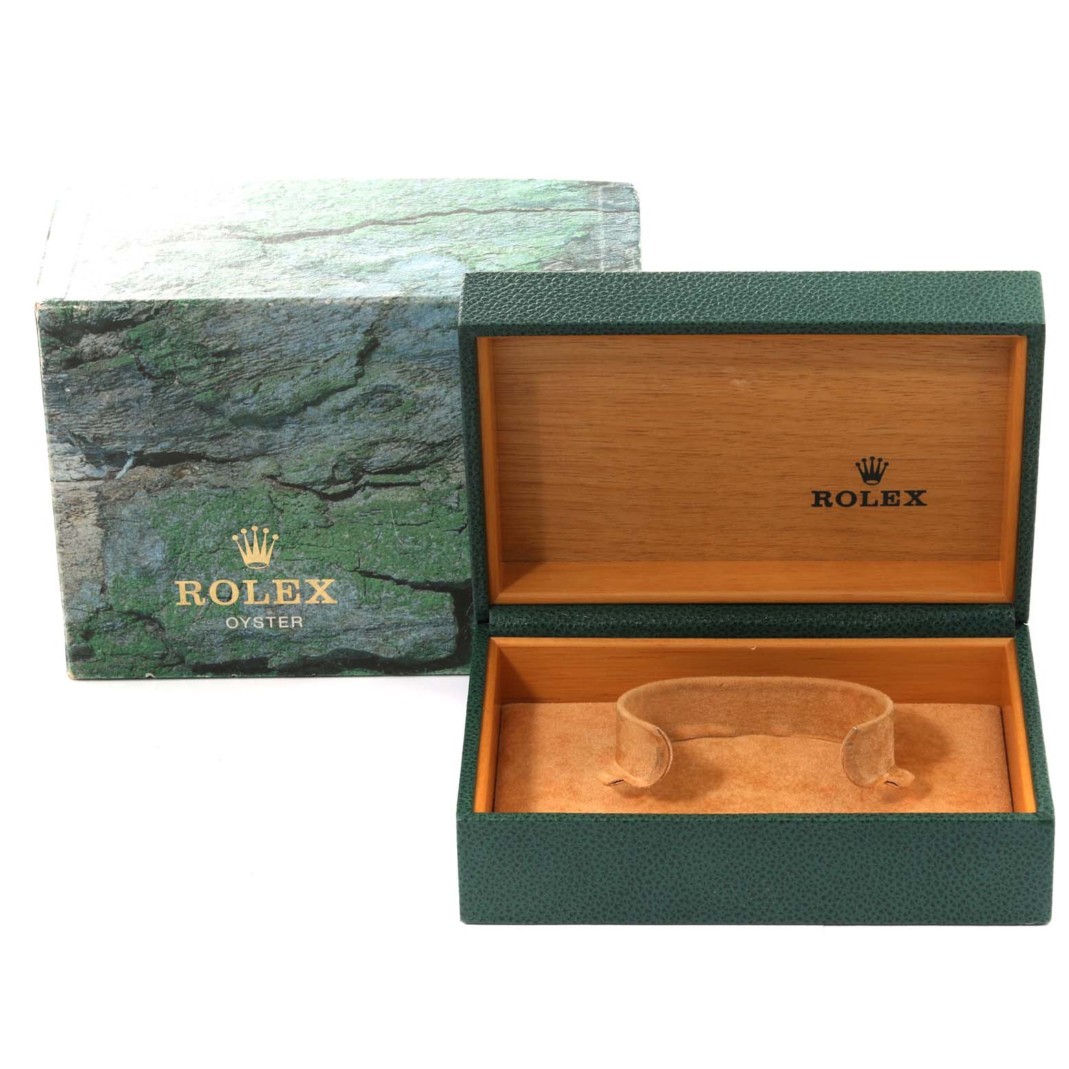 The image shows a Rolex Datejust 16234 Men
s Stainless Steel Black Dial 16234 Men
s Stainless Steel Black Dial box, with an open green exterior and a faux-wood interior, alongside its outer packaging.