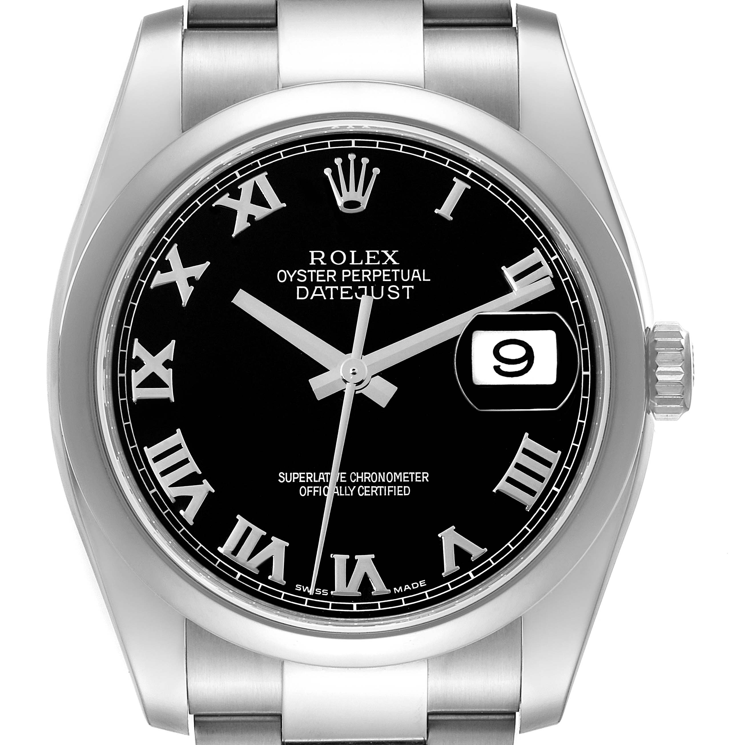 The Rolex Datejust 116200 Men's Stainless Steel Black Dial 116200 Men's Stainless Steel Black Dial watch is shown from a front angle, displaying the black dial, Roman numerals, hands, date window, and part of the bracelet.