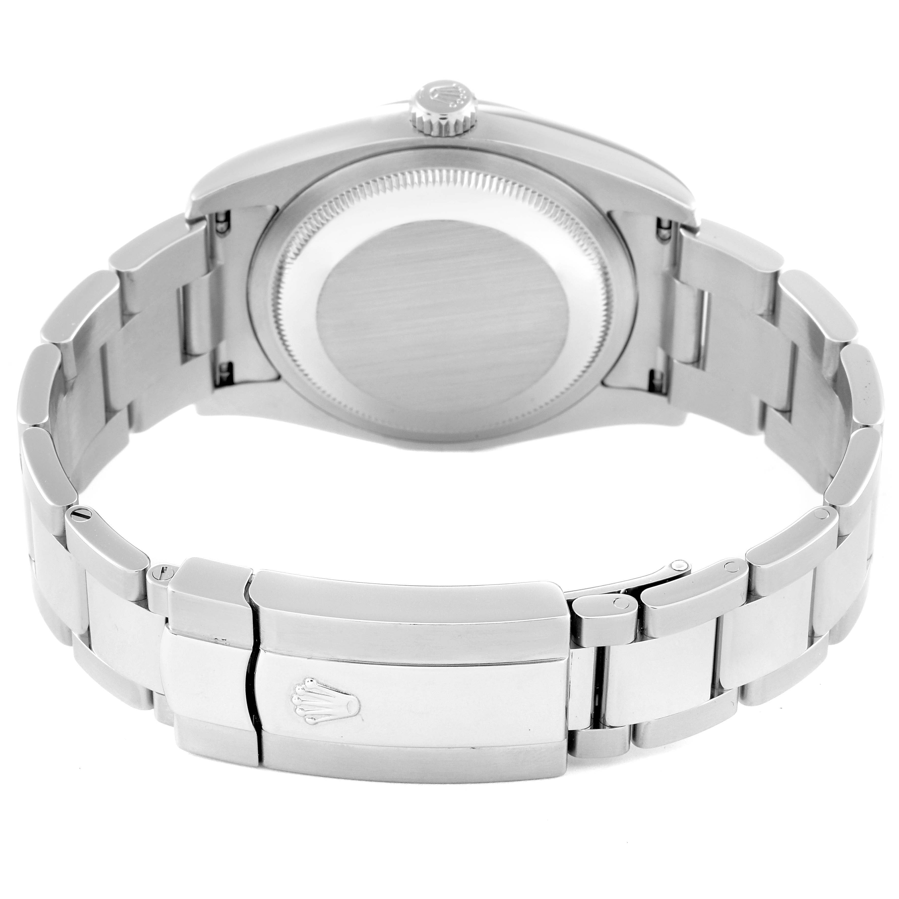 This image shows the clasp and the back case of a Rolex Datejust 116200 Men's Stainless Steel Black Dial 116200 Men's Stainless Steel Black Dial watch with a stainless steel bracelet.