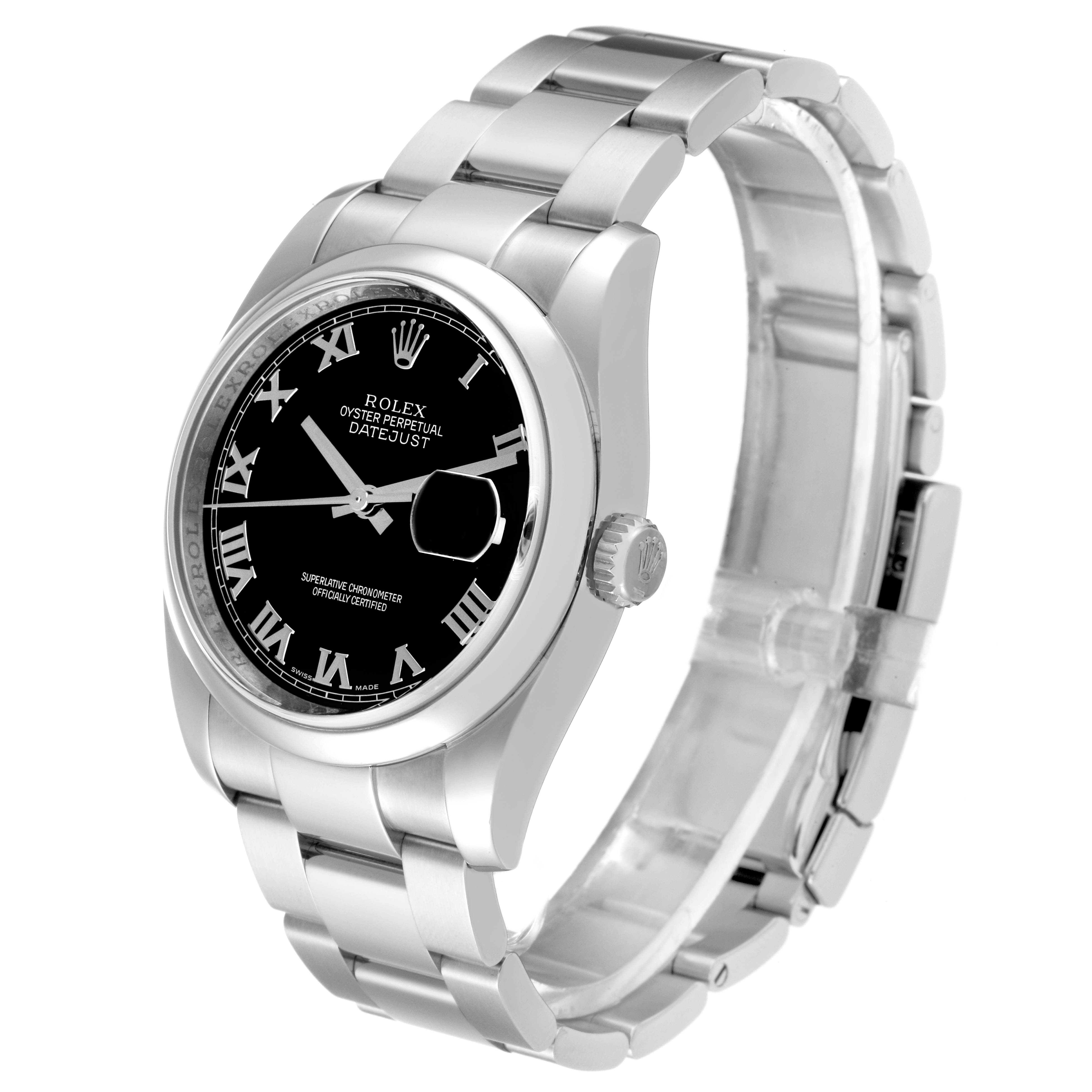 This image shows a Rolex Datejust 116200 Men's Stainless Steel Black Dial 116200 Men's Stainless Steel Black Dial watch featuring its black dial, Roman numerals, and stainless steel bracelet from a three-quarter angle.