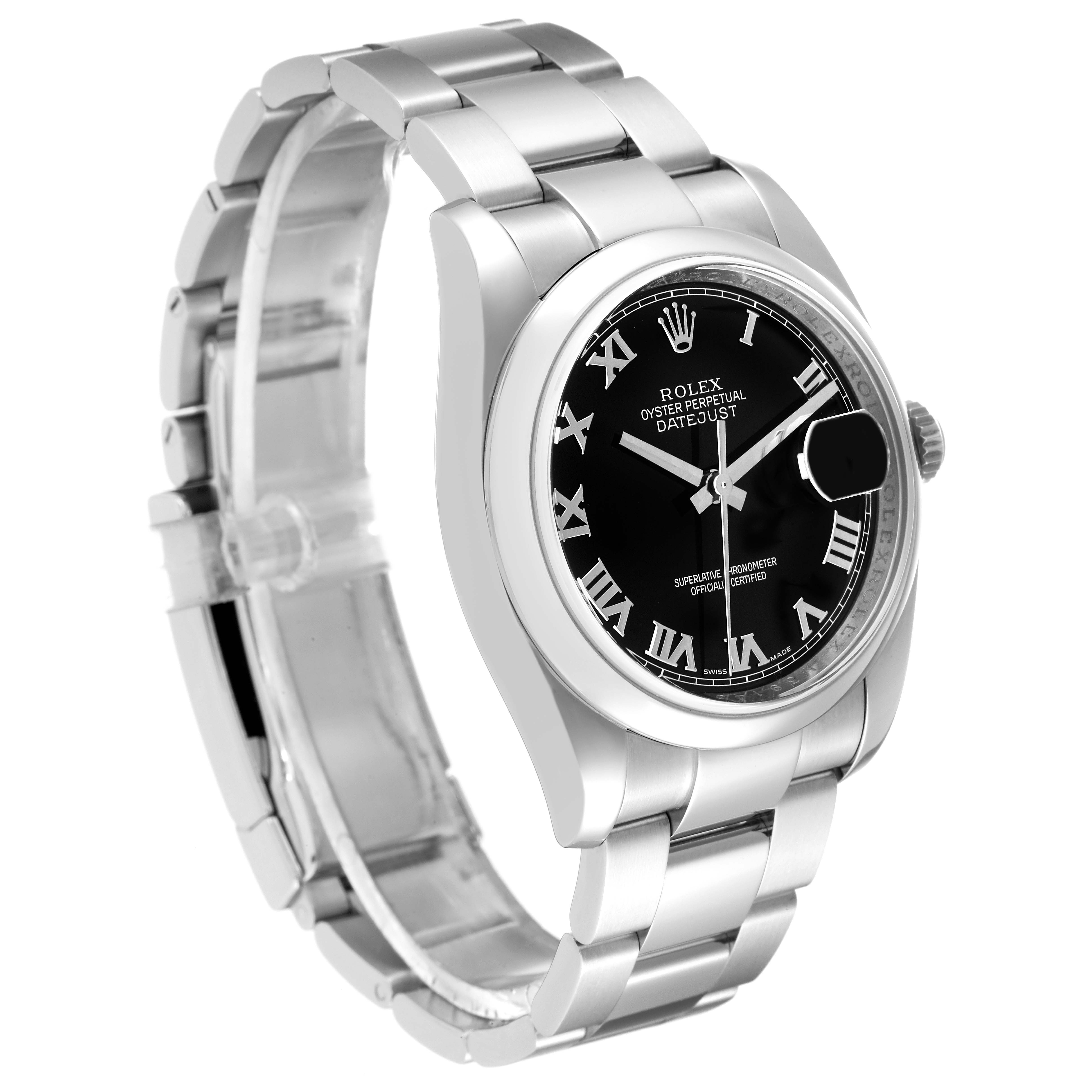 This image shows a Rolex Datejust 116200 Men's Stainless Steel Black Dial 116200 Men's Stainless Steel Black Dial watch from an angled side view, highlighting the face, bezel, and bracelet.