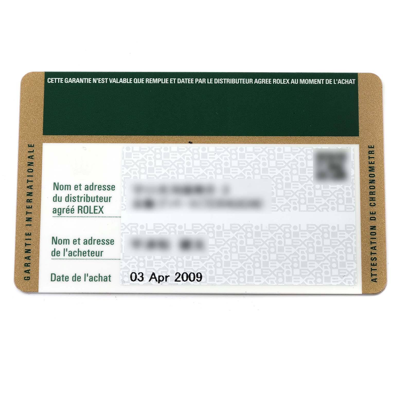 This image shows a guarantee and certification card for a Rolex Datejust 116200 Men's Stainless Steel Black Dial 116200 Men's Stainless Steel Black Dial watch, dated April 3, 2009.