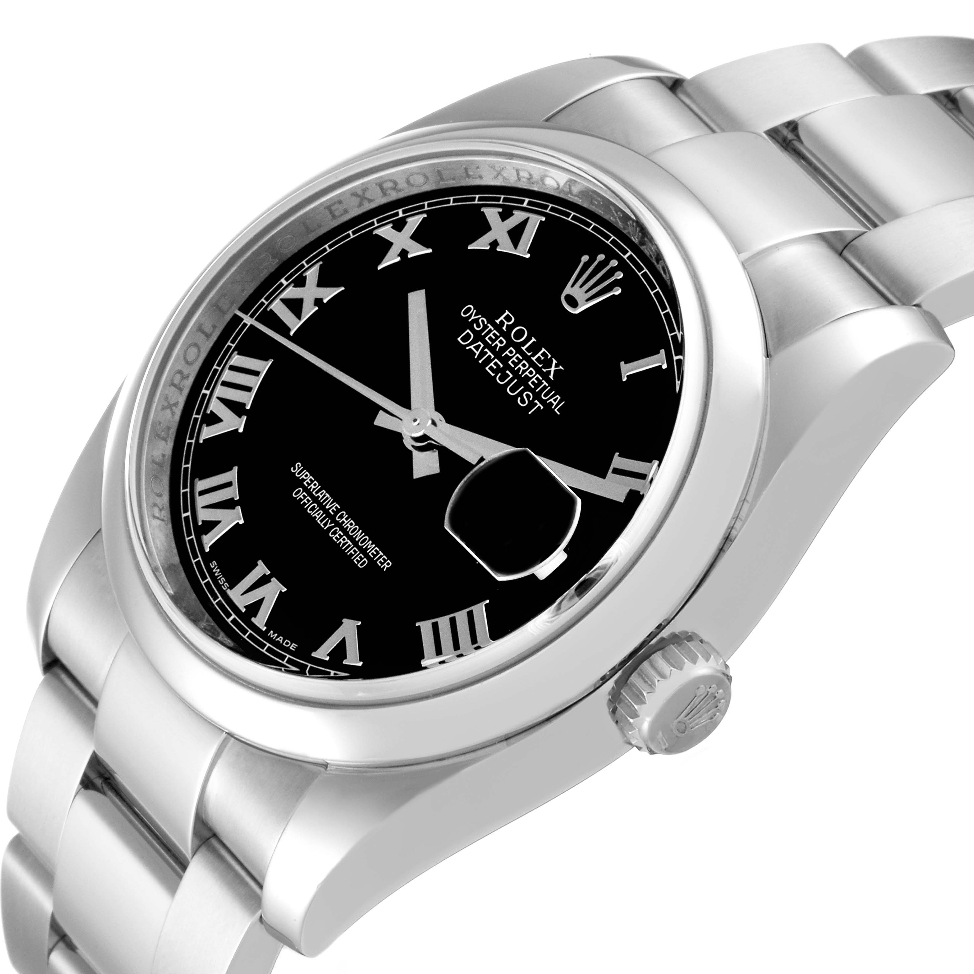 This image shows a Rolex Datejust 116200 Men's Stainless Steel Black Dial 116200 Men's Stainless Steel Black Dial watch at an angled view, highlighting the face, bezel, and part of the bracelet.