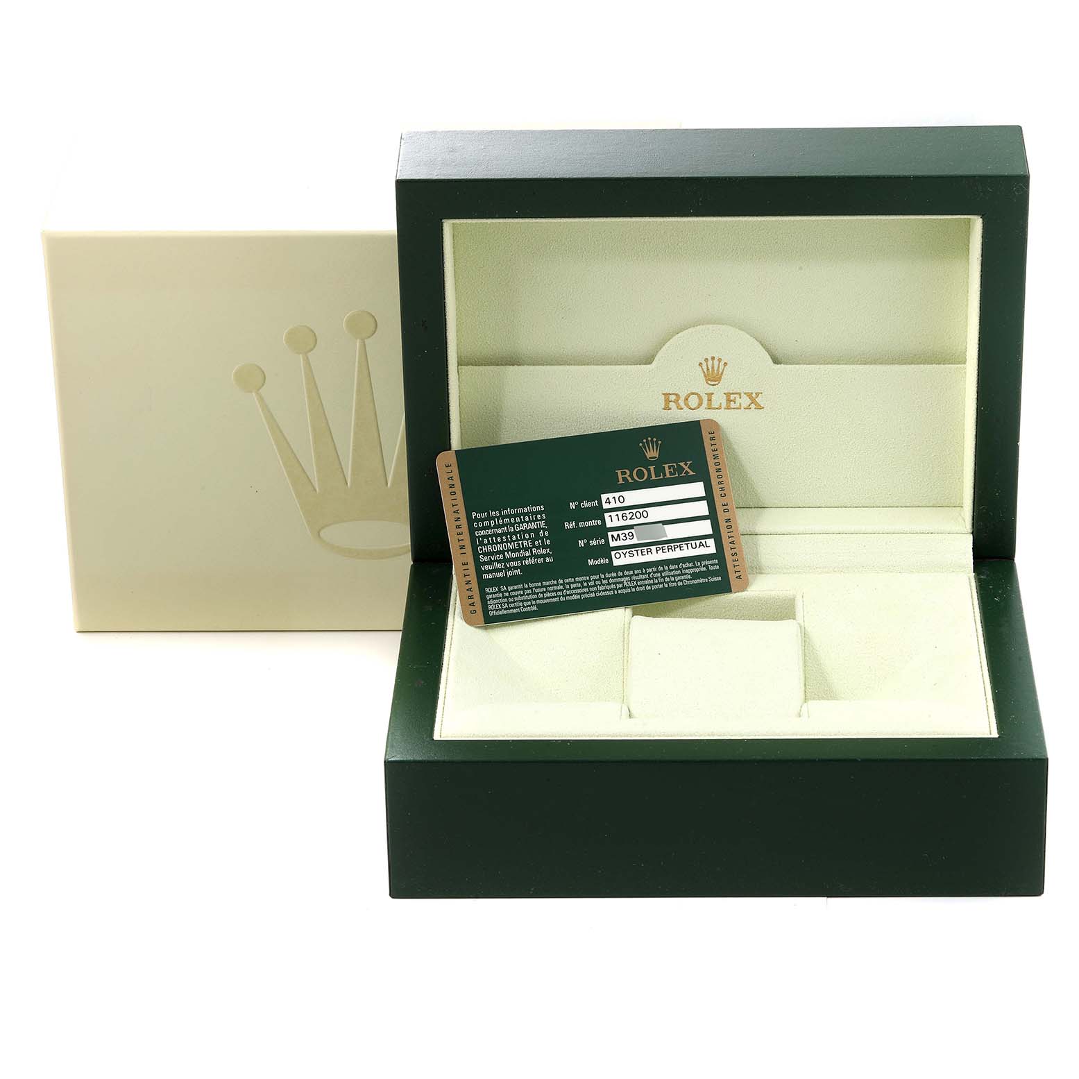 The image shows a Rolex Datejust 116200 Men's Stainless Steel Black Dial 116200 Men's Stainless Steel Black Dial packaging box, outer box, and associated warranty card.