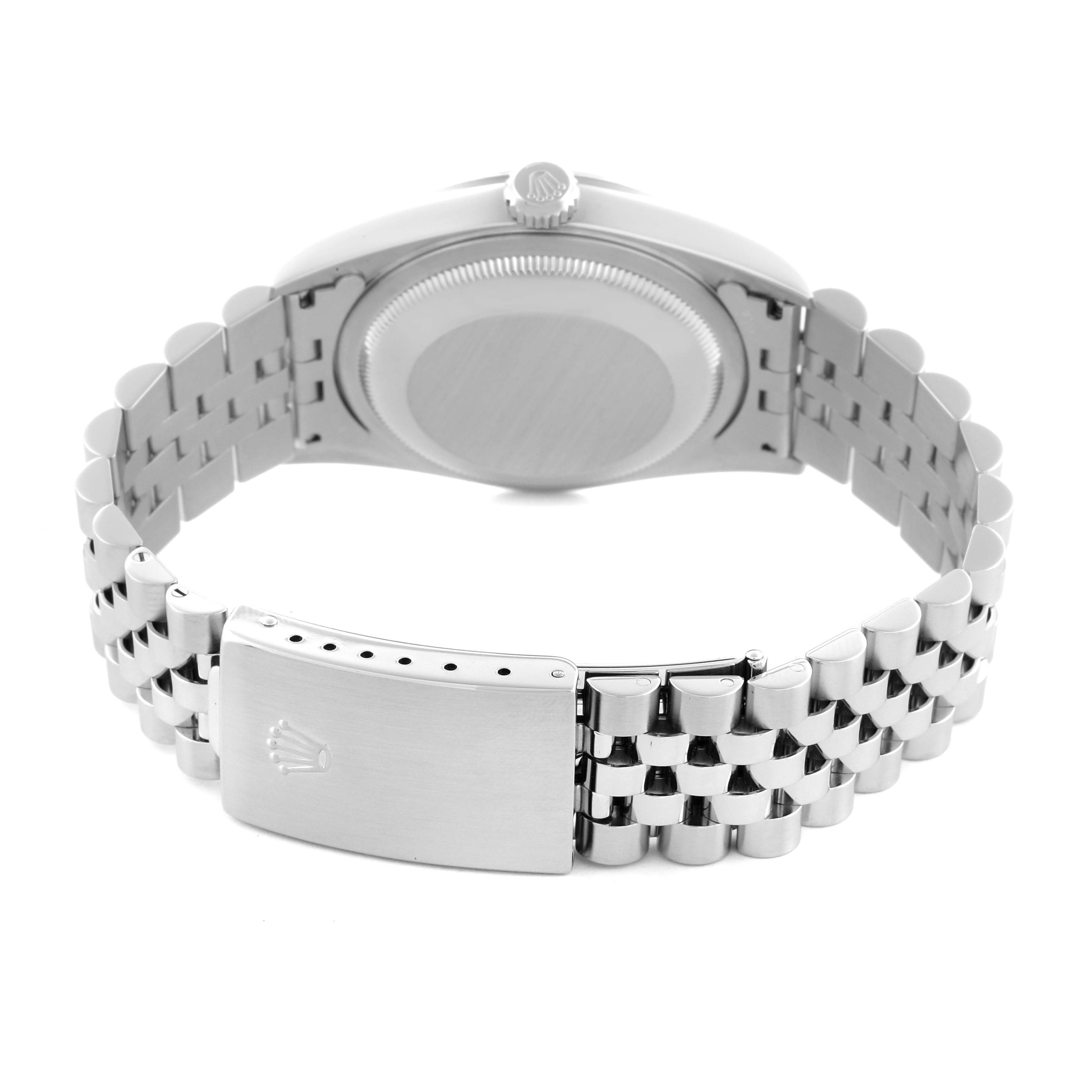 The image shows the back of a Rolex Datejust 16234G Men's Stainless Steel Blue Dial 16234G Men's Stainless Steel Blue Dial watch, highlighting the case, crown, and Jubilee bracelet with clasp.