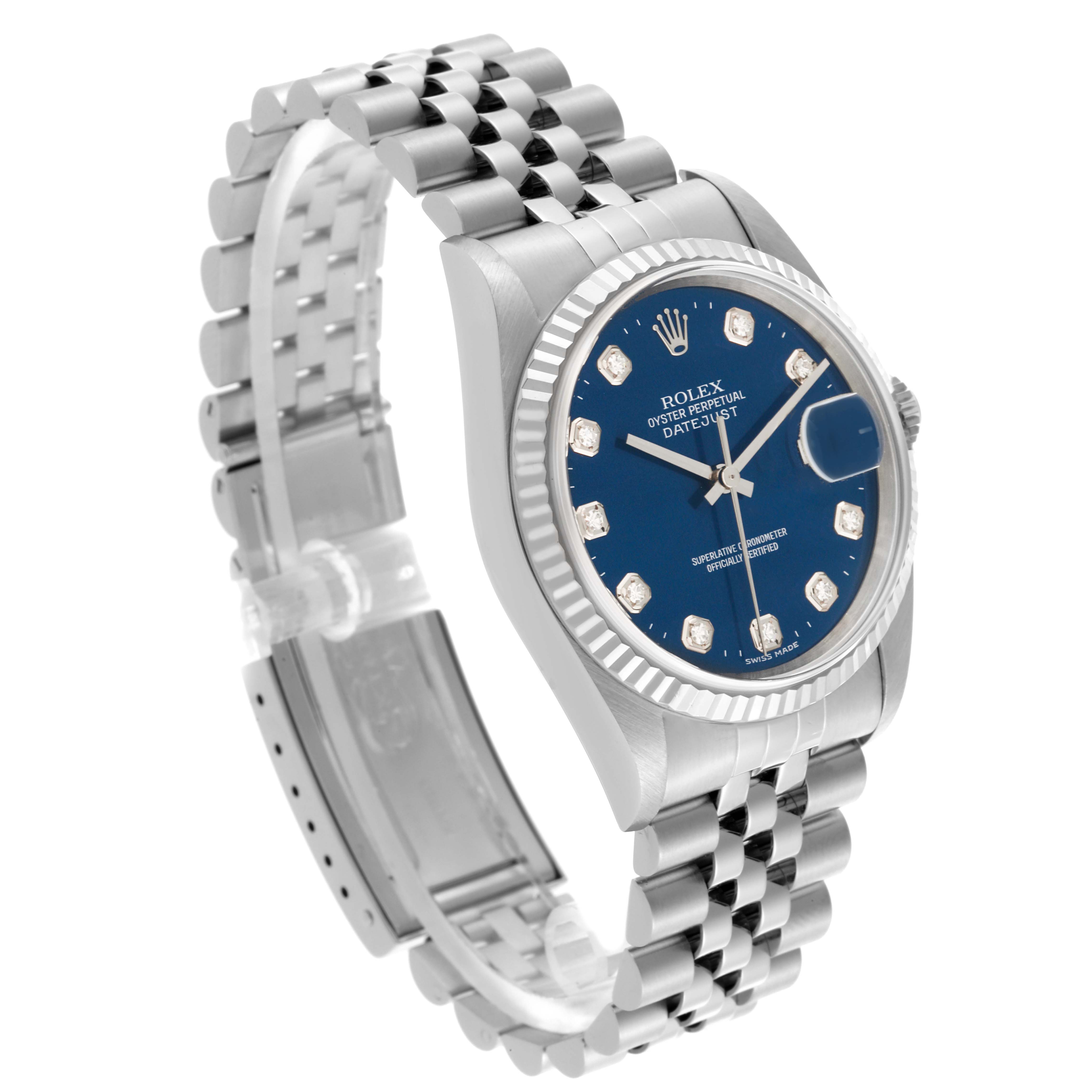 The Rolex Datejust 16234G Men's Stainless Steel Blue Dial 16234G Men's Stainless Steel Blue Dial watch is shown from a three-quarter angle, highlighting the face, bezel, and Jubilee bracelet.