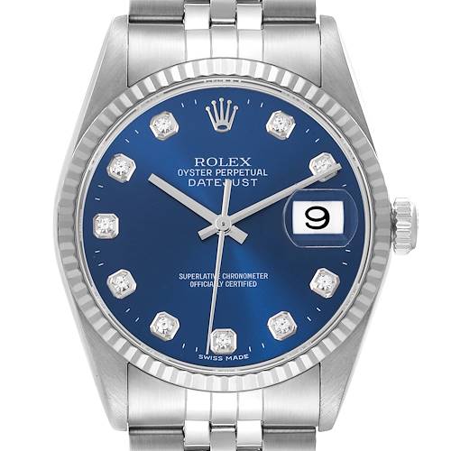 The Rolex Datejust watch is shown from the front, featuring its blue dial, bezel, bracelet, and crown.