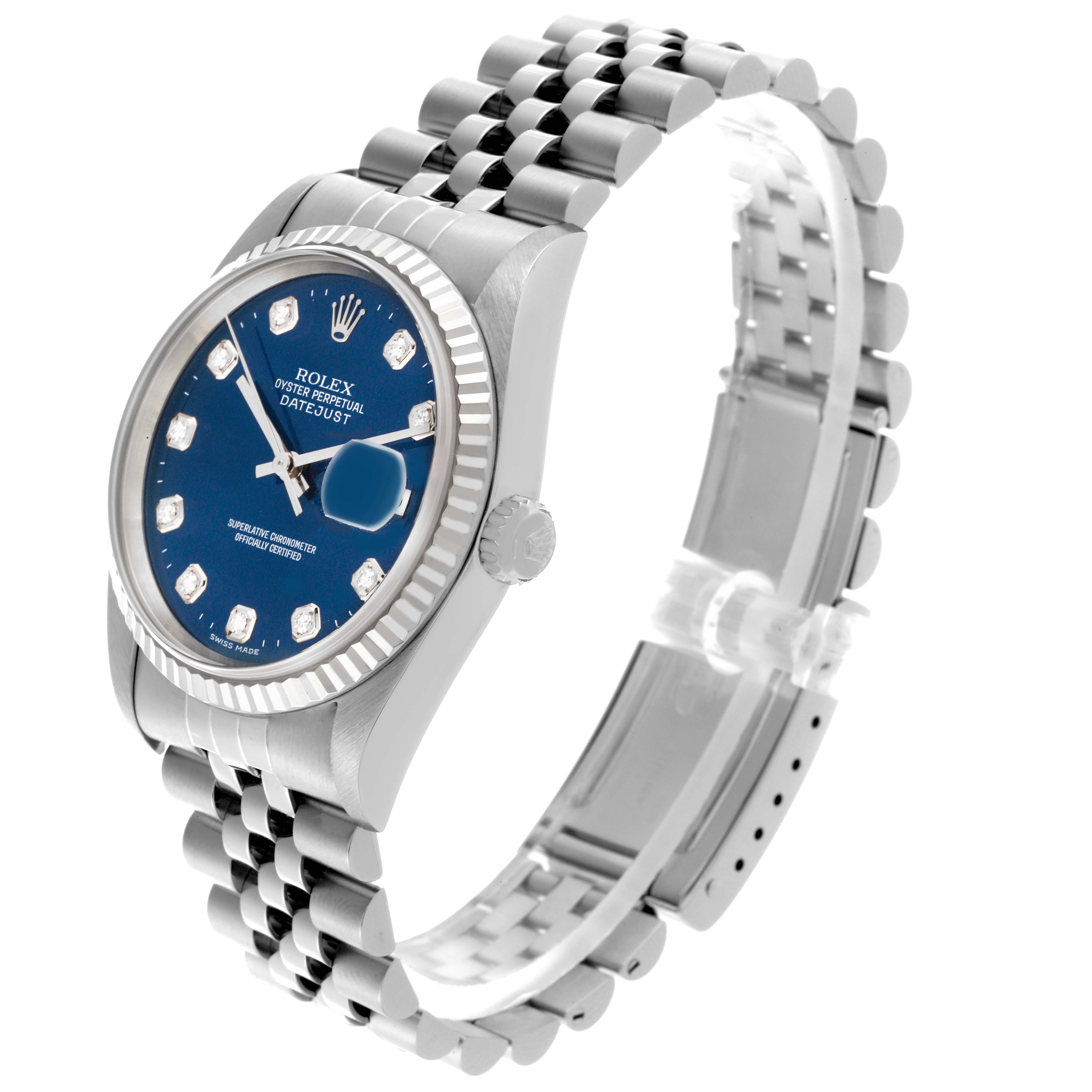 The Rolex Datejust 16234G Men's Stainless Steel Blue Dial 16234G Men's Stainless Steel Blue Dial watch is shown at an angle highlighting its face, bezel, crown, and bracelet.