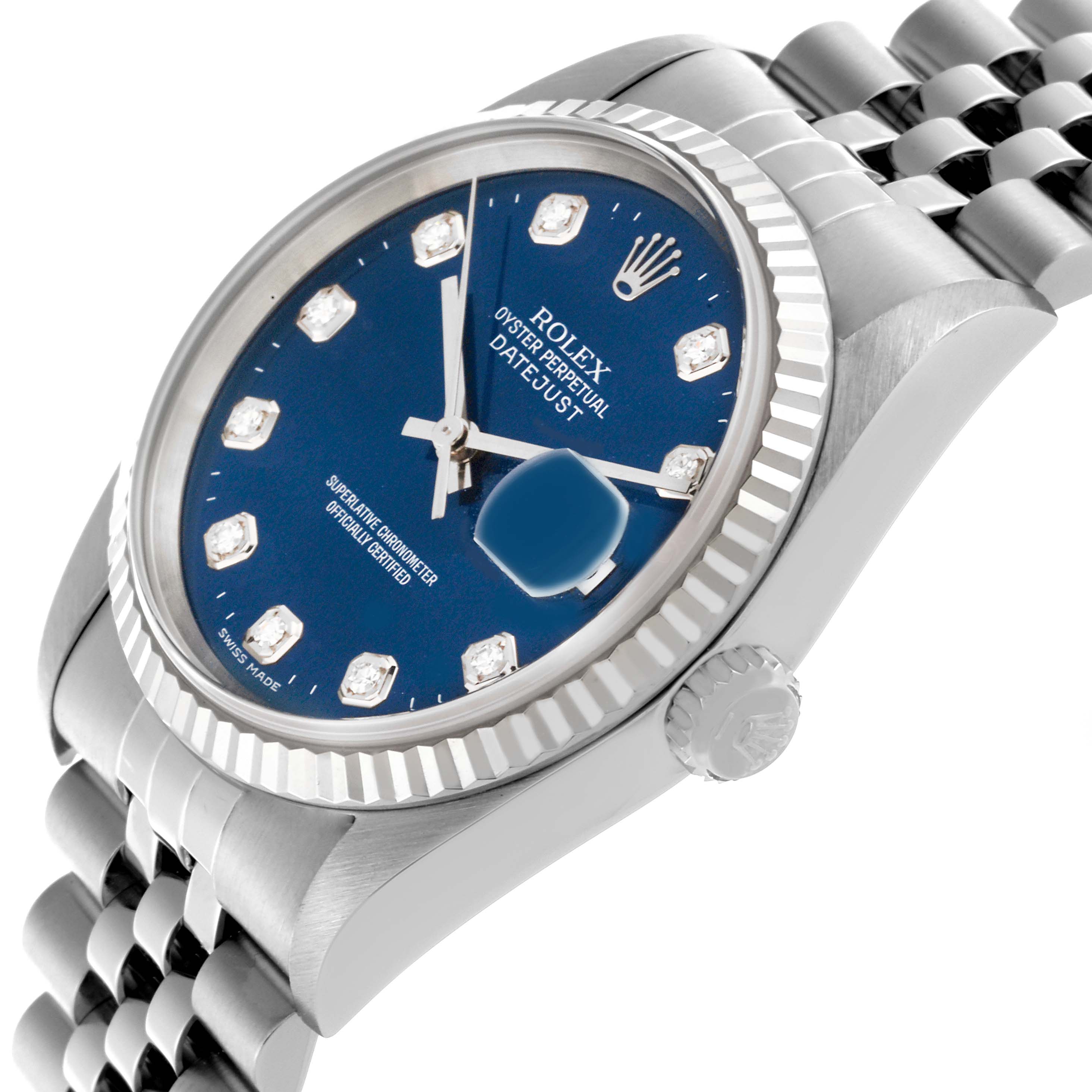 The Rolex Datejust 16234G Men's Stainless Steel Blue Dial 16234G Men's Stainless Steel Blue Dial watch is shown at a tilted angle, highlighting the bezel, dial, and Jubilee bracelet.