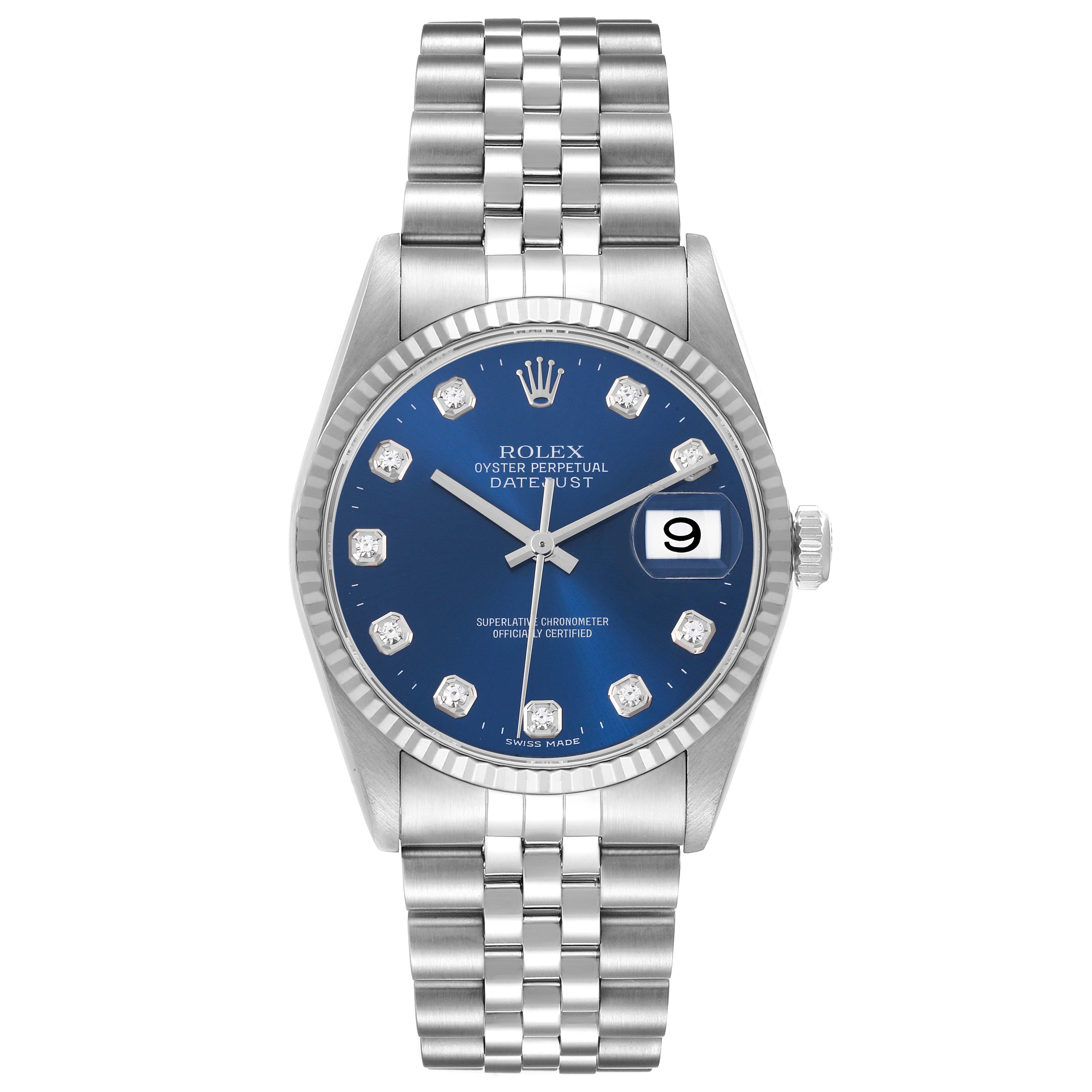 The Rolex Datejust 16234G Men's Stainless Steel Blue Dial 16234G Men's Stainless Steel Blue Dial watch is shown from a top-down angle, displaying its dial, bezel, and bracelet.