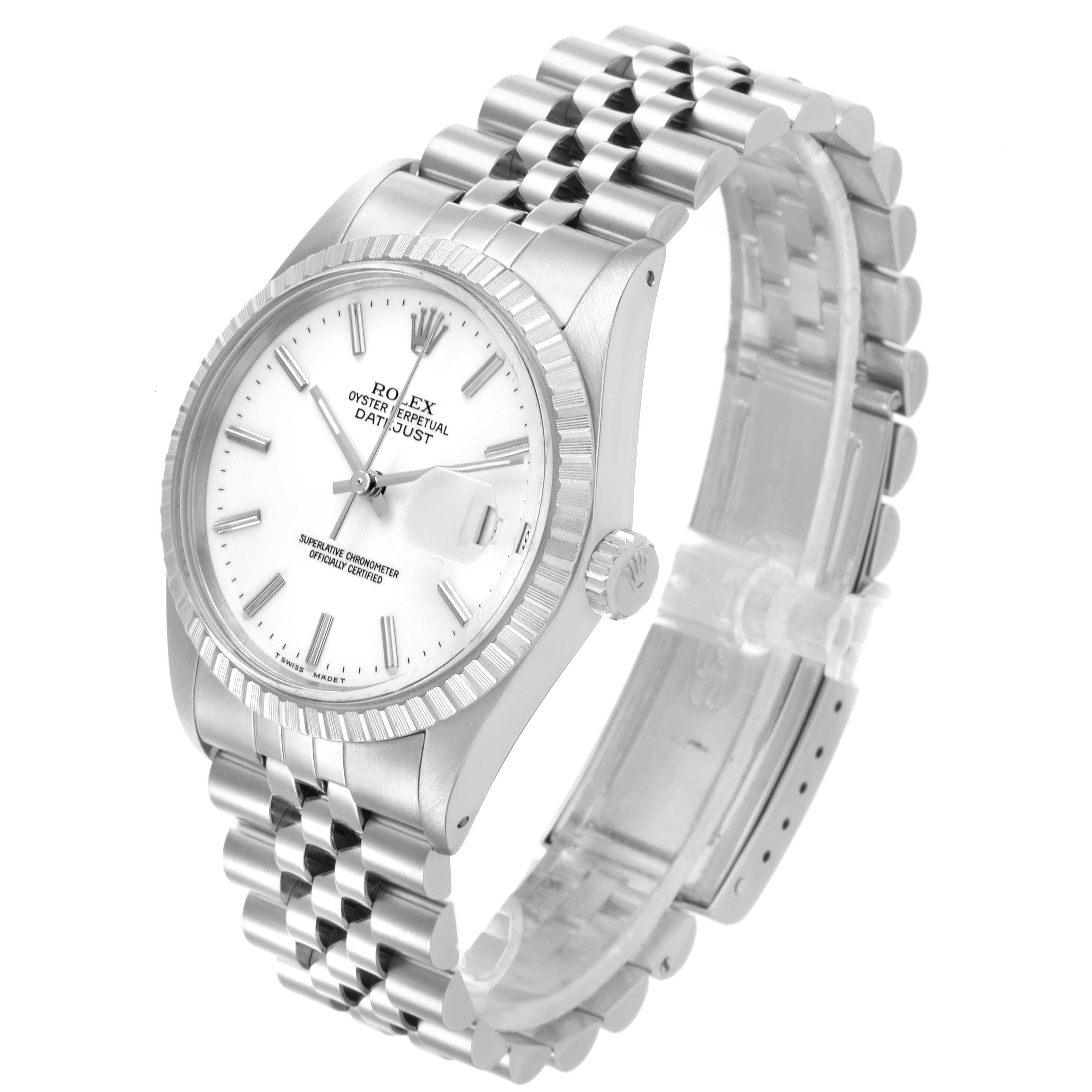 The Rolex Vintage Collection 16030 Men's Stainless Steel White Dial 16030 Men's Stainless Steel White Dial watch is shown at a three-quarter angle, highlighting the face, bezel, crown, and bracelet.