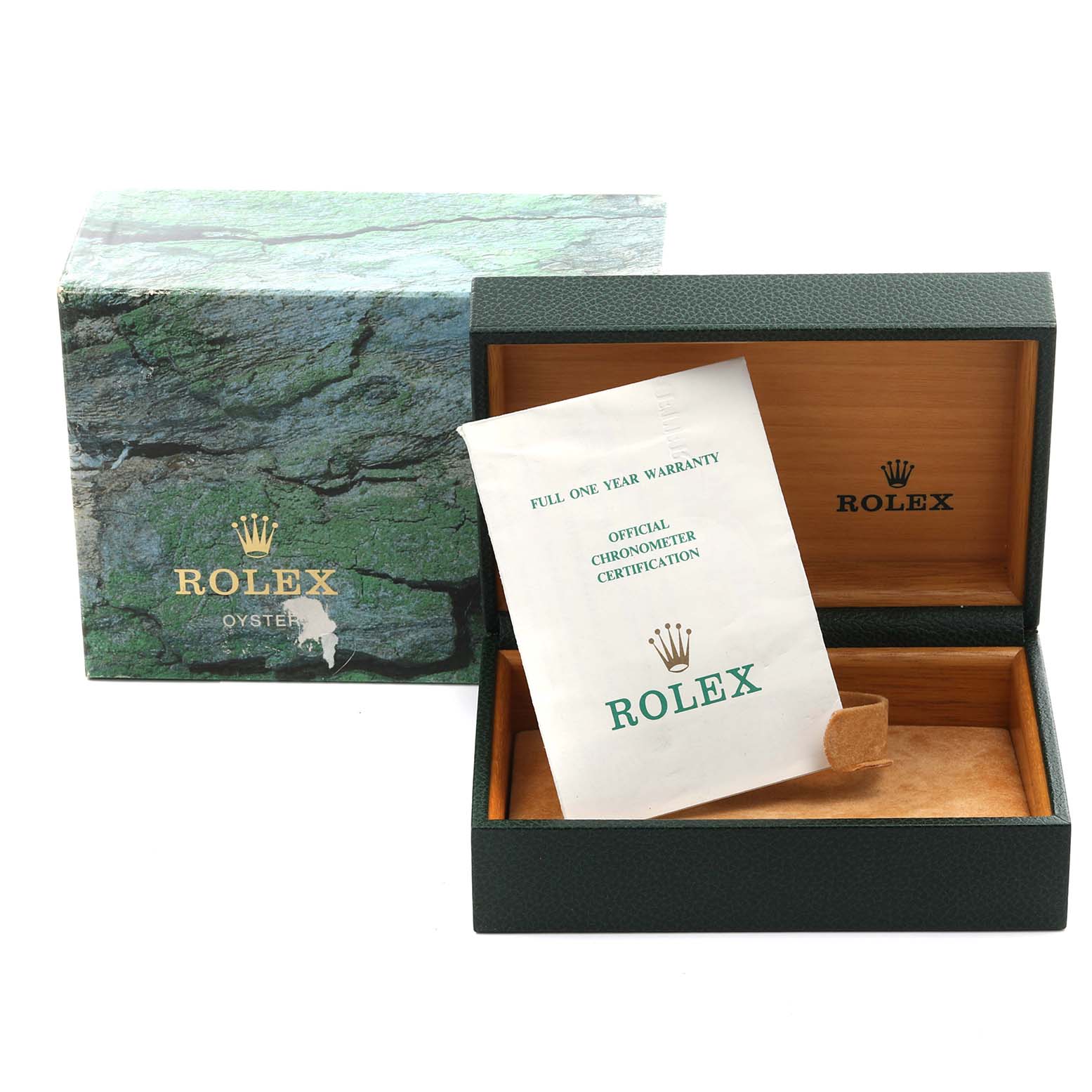 The image shows a Rolex Vintage Collection 16030 Men's Stainless Steel White Dial 16030 Men's Stainless Steel White Dial watch box with a certification and warranty document.