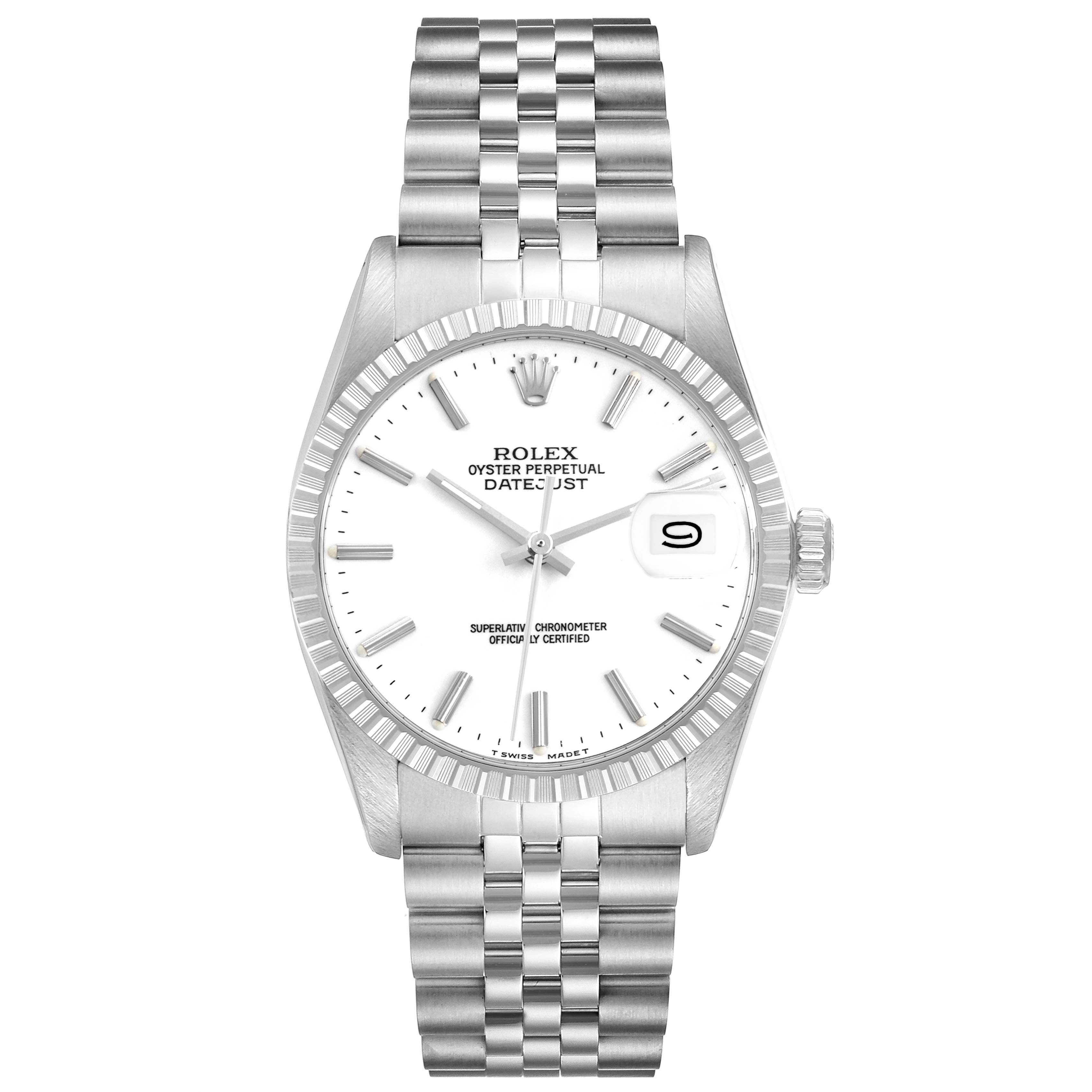 The Rolex Vintage Collection 16030 Men's Stainless Steel White Dial 16030 Men's Stainless Steel White Dial watch is shown from a front angle, displaying the dial, bezel, and bracelet.