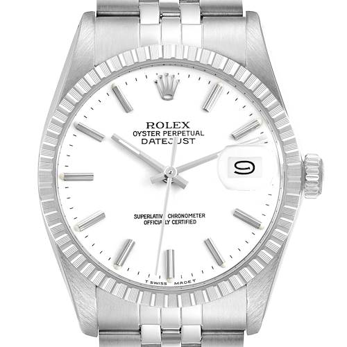 The Rolex Vintage Collection model is shown from a front angle, displaying the dial, bezel, crown, and part of the bracelet.