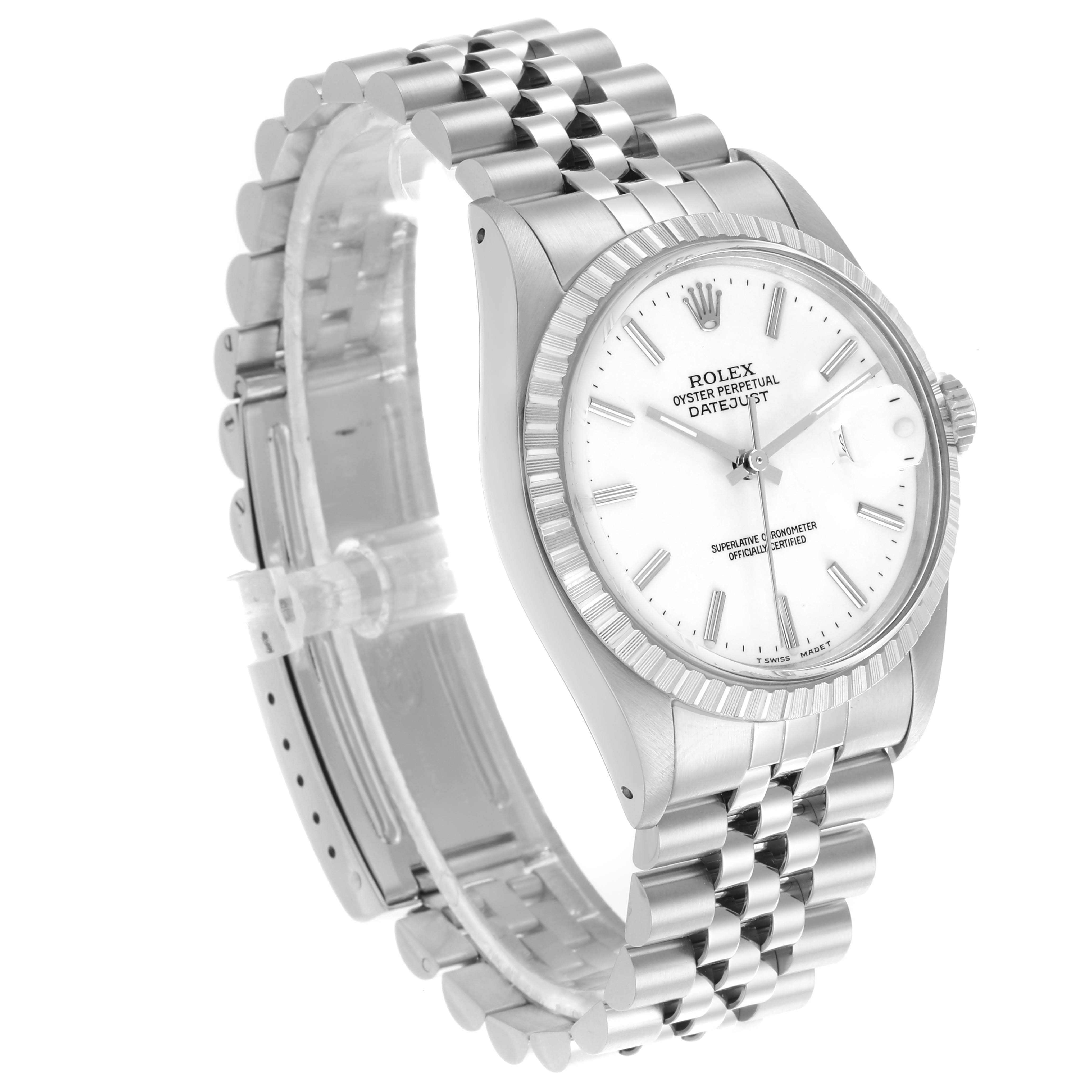 This Rolex Vintage Collection 16030 Men's Stainless Steel White Dial 16030 Men's Stainless Steel White Dial model is shown at a three-quarter angle, displaying the watch face, bezel, and bracelet.