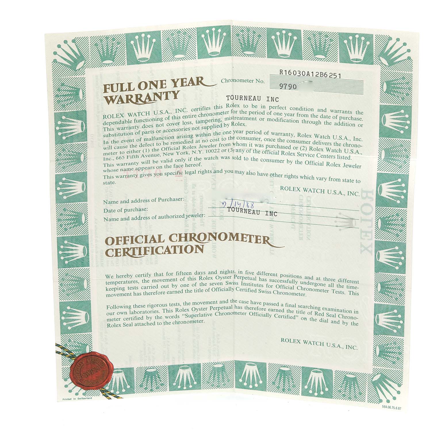 The image shows a warranty and certification document for a Rolex Vintage Collection 16030 Men's Stainless Steel White Dial 16030 Men's Stainless Steel White Dial model.