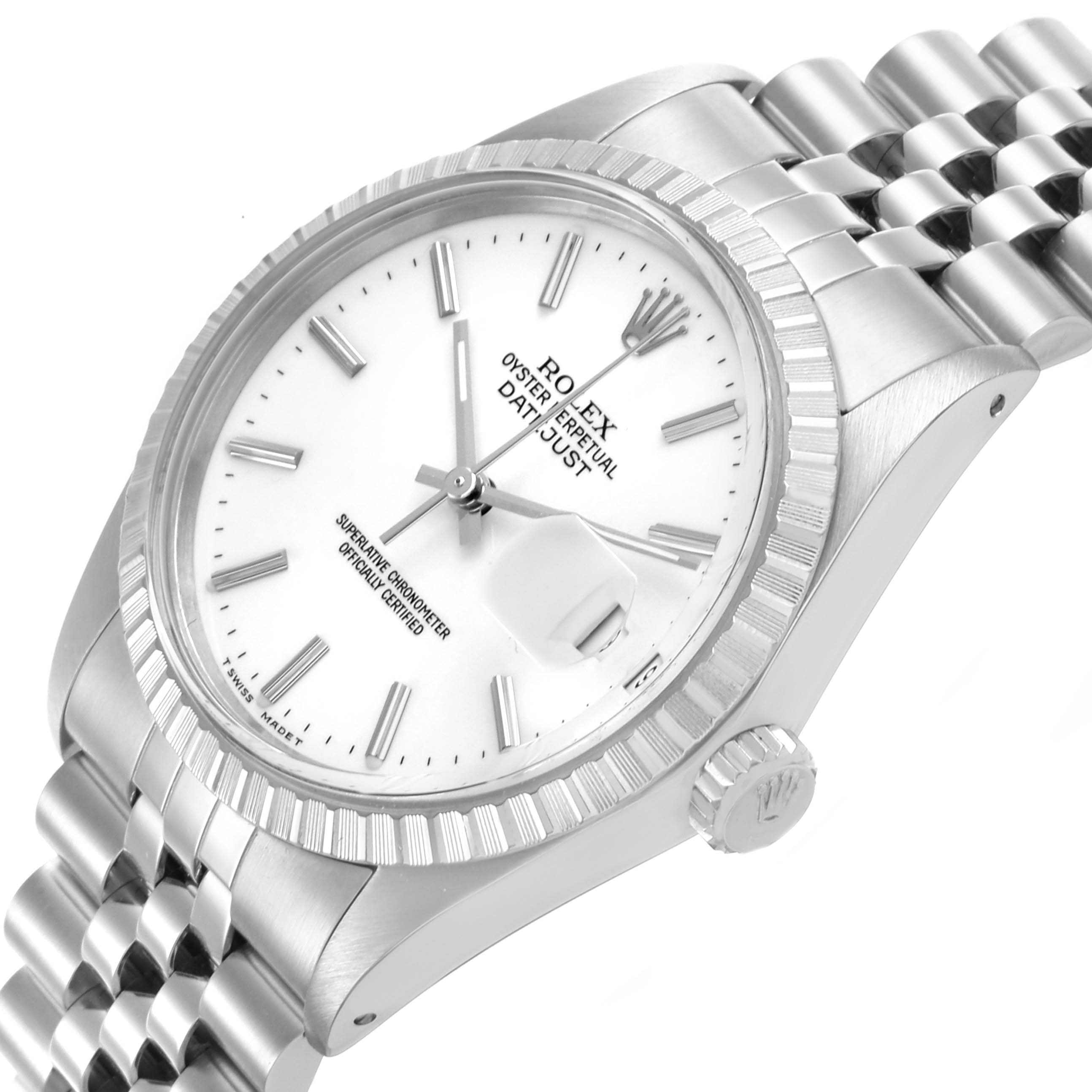 The Rolex Vintage Collection 16030 Men's Stainless Steel White Dial 16030 Men's Stainless Steel White Dial watch is shown at a slight angle, highlighting the white dial, fluted bezel, and jubilee bracelet.