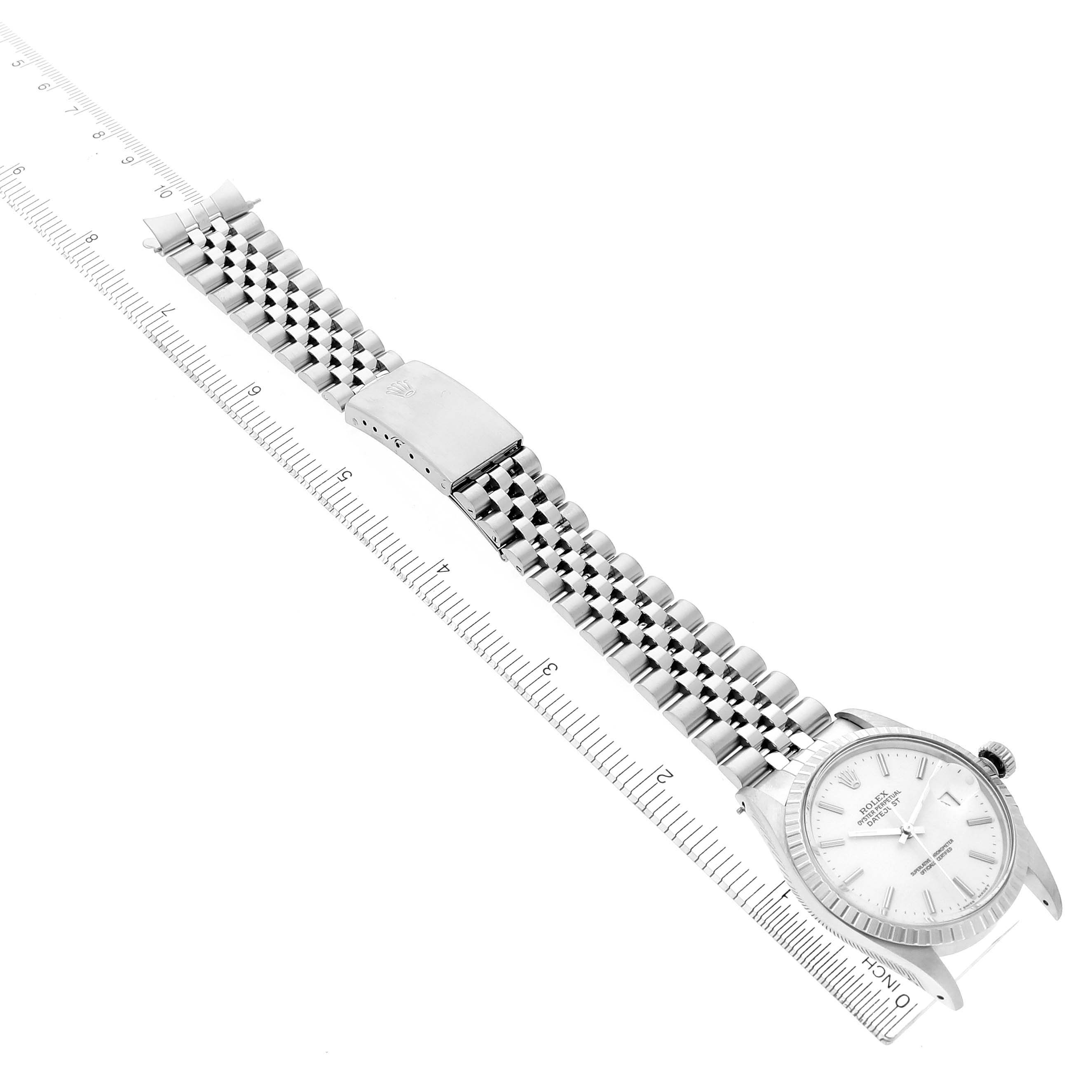 The Rolex Vintage Collection 16030 Men's Stainless Steel White Dial 16030 Men's Stainless Steel White Dial watch is shown at an angle highlighting the face, bracelet, and clasp alongside a measurement guide.