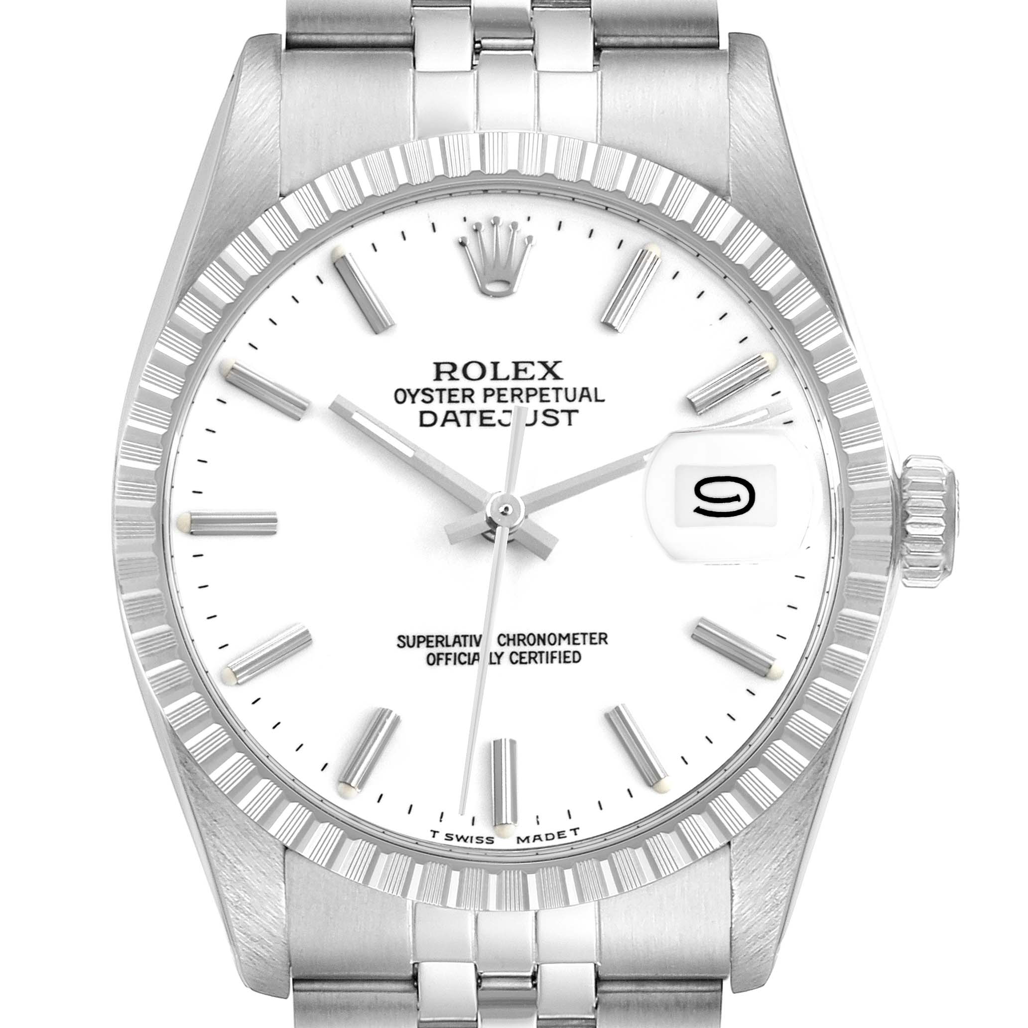 The Rolex Vintage Collection 16030 Men's Stainless Steel White Dial 16030 Men's Stainless Steel White Dial model is shown from the front, displaying the face, bezel, and part of the bracelet.