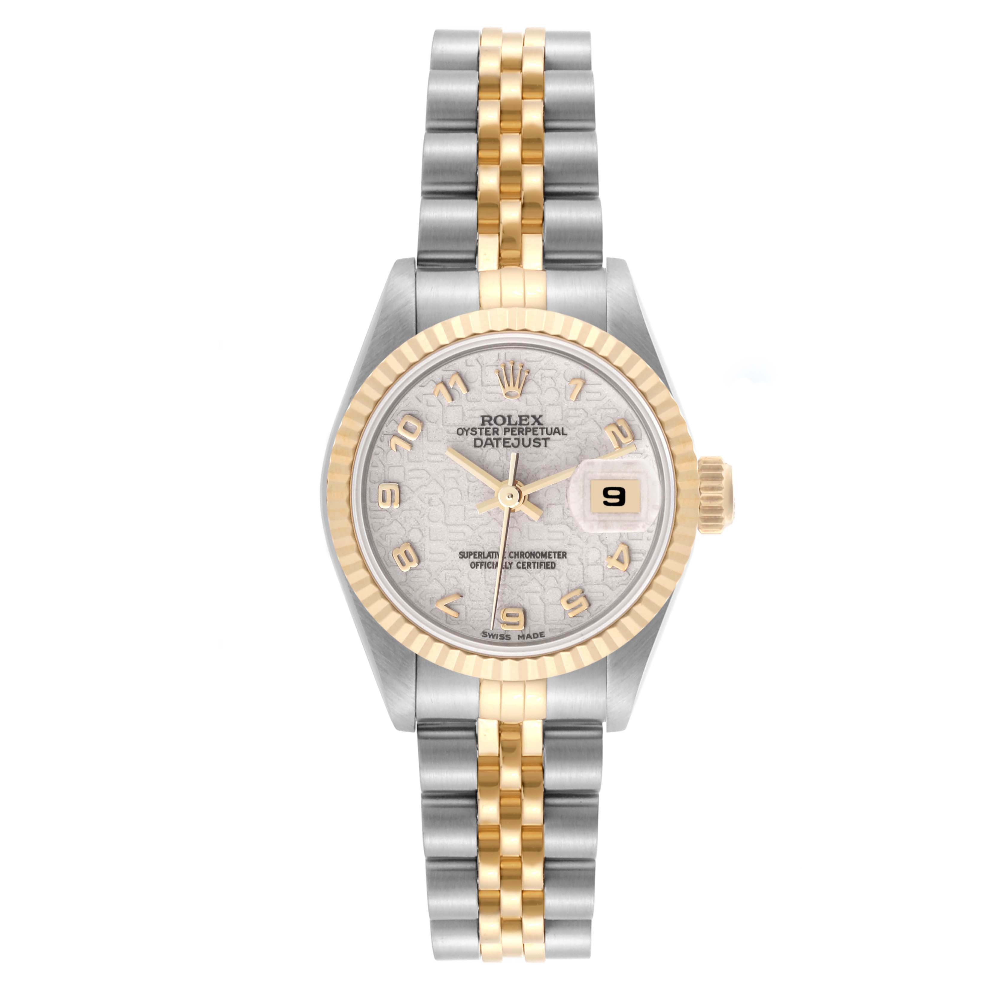The Rolex Datejust 69173 Women's Steel and Gold (two tone) White Dial 69173 Women's Steel and Gold (two tone) White Dial watch is shown from the front, displaying the dial, bezel, and bracelet.