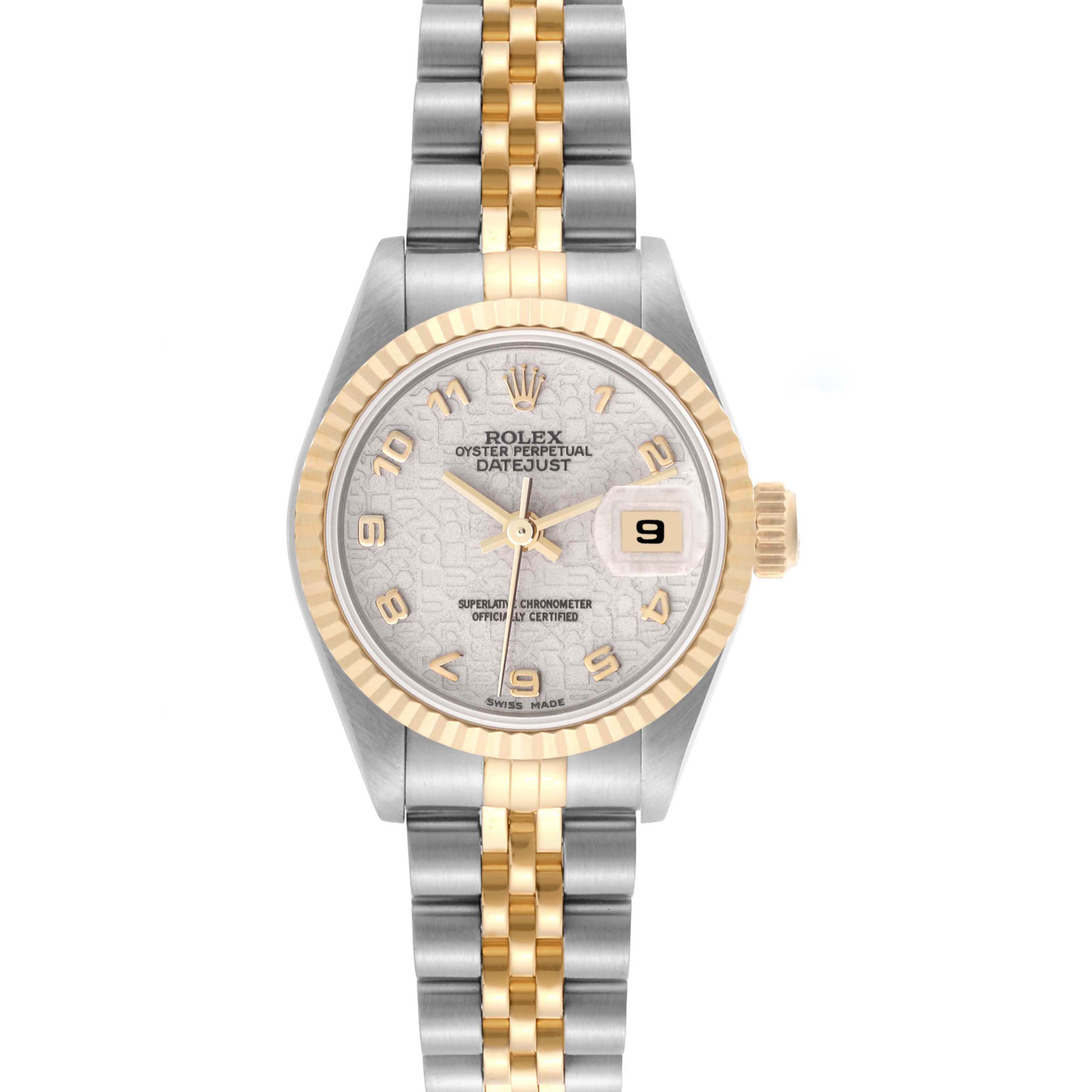 The Rolex Datejust 69173 Women's Steel and Gold (two tone) White Dial 69173 Women's Steel and Gold (two tone) White Dial watch is shown from a front angle, displaying the dial, bezel, and two-tone bracelet.