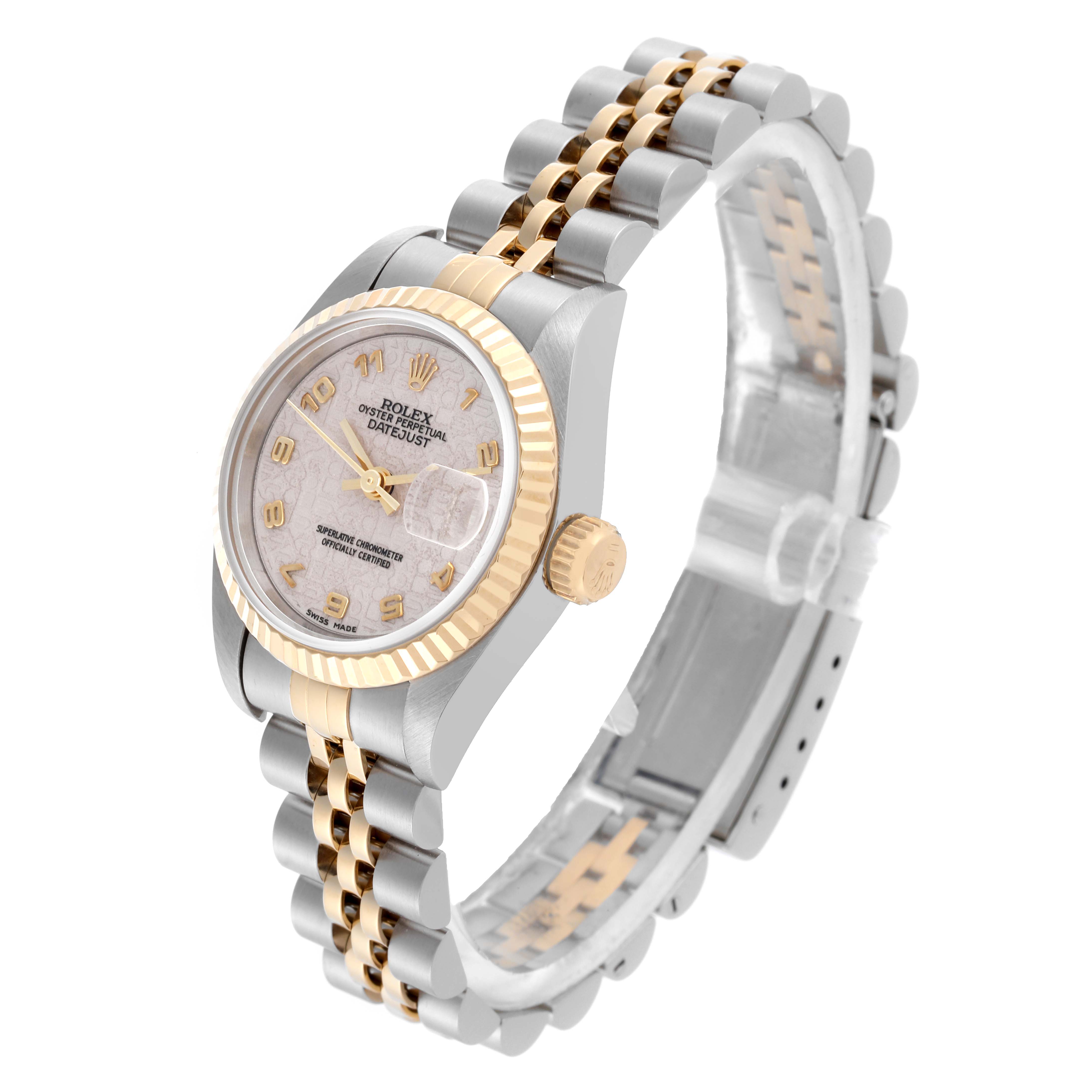The Rolex Datejust 69173 Women's Steel and Gold (two tone) White Dial 69173 Women's Steel and Gold (two tone) White Dial watch is shown at a three-quarter angle, highlighting the face, bezel, and two-tone bracelet.