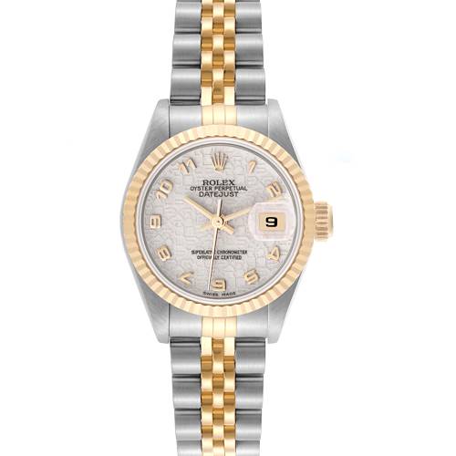 The Rolex Datejust watch is shown from a front angle, highlighting the face, bezel, and two-tone bracelet.