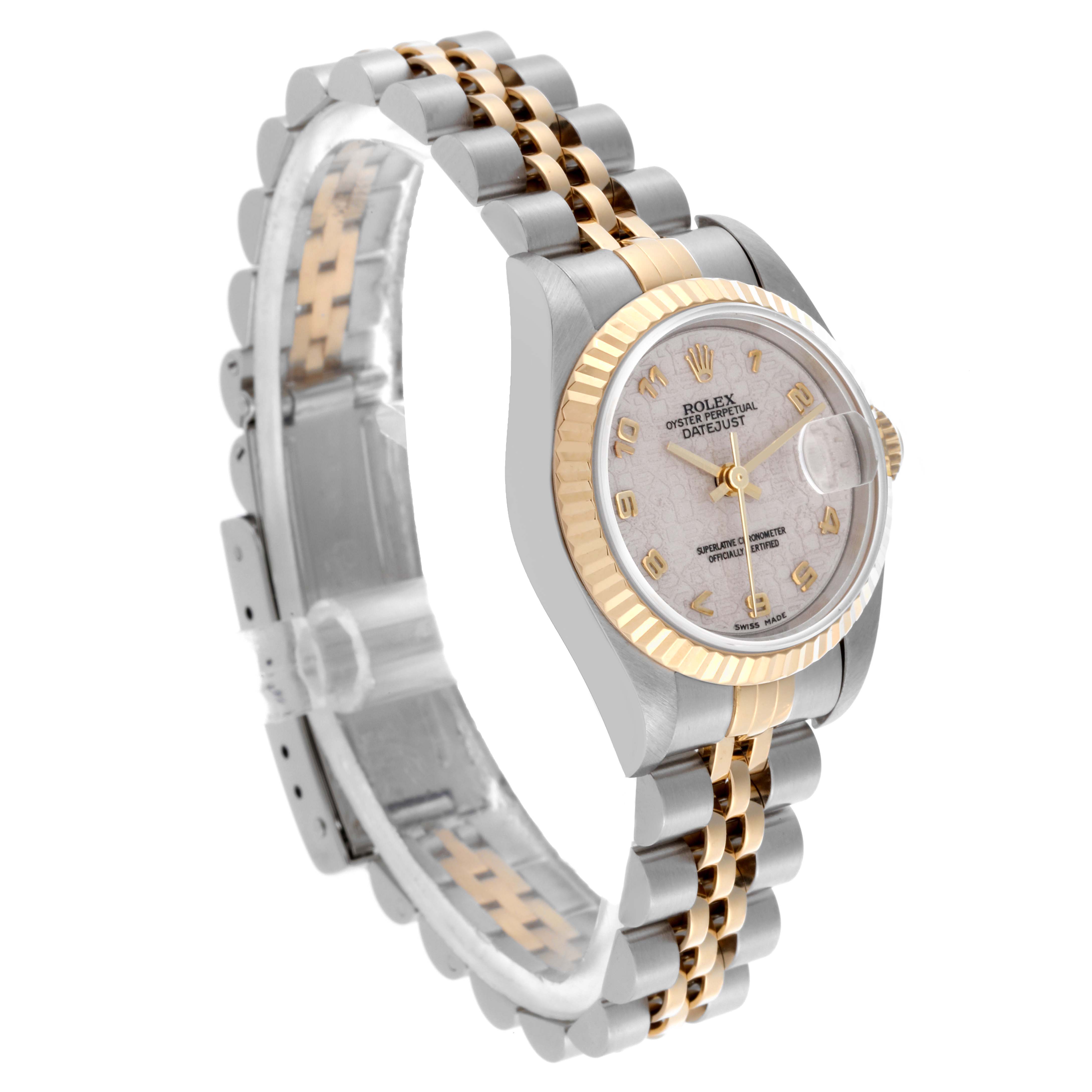 The Rolex Datejust 69173 Women's Steel and Gold (two tone) White Dial 69173 Women's Steel and Gold (two tone) White Dial is shown at an angled side view, highlighting the bracelet and face details.