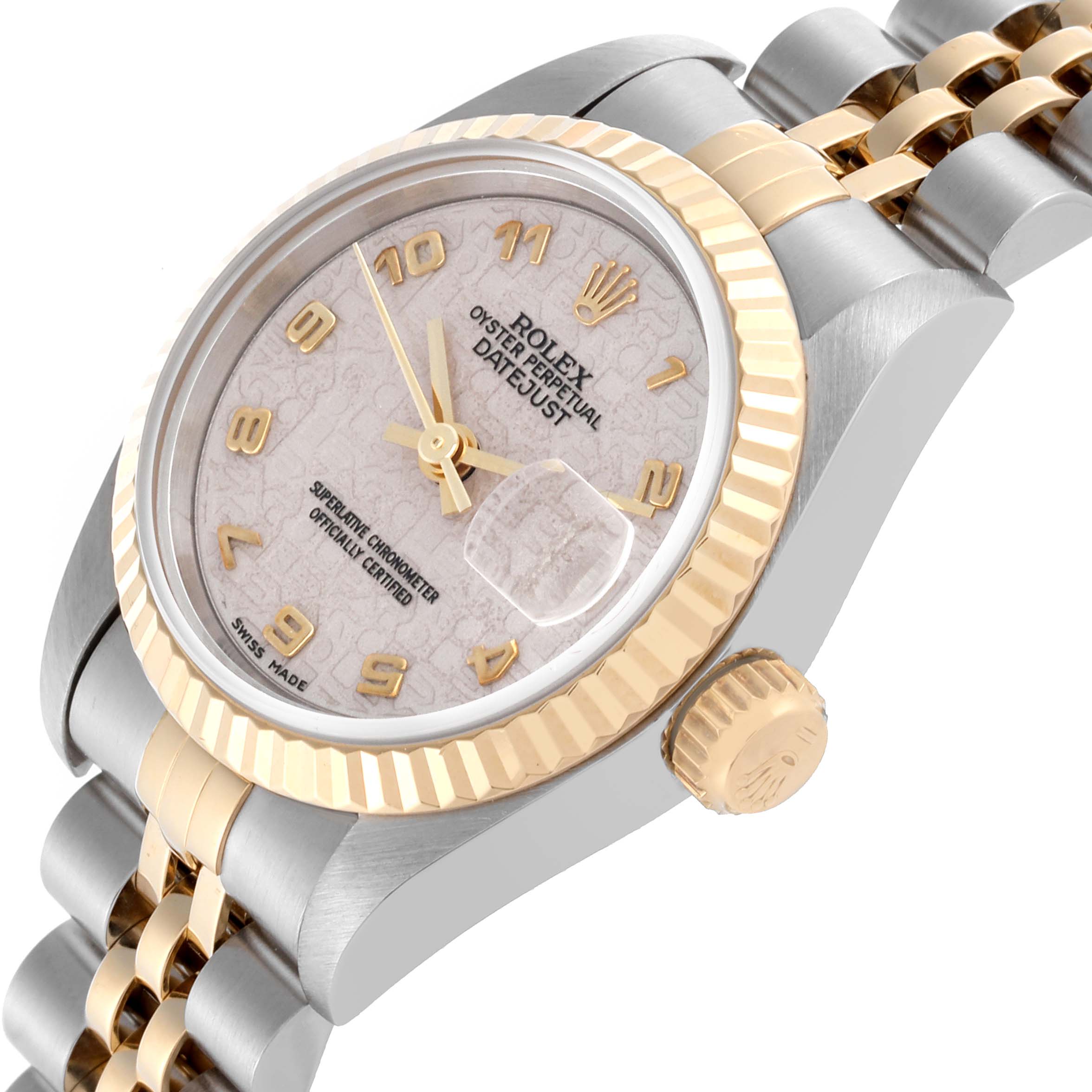 The Rolex Datejust 69173 Women's Steel and Gold (two tone) White Dial 69173 Women's Steel and Gold (two tone) White Dial watch is shown at an angled view, highlighting the bezel, crown, dial, and part of the bracelet.
