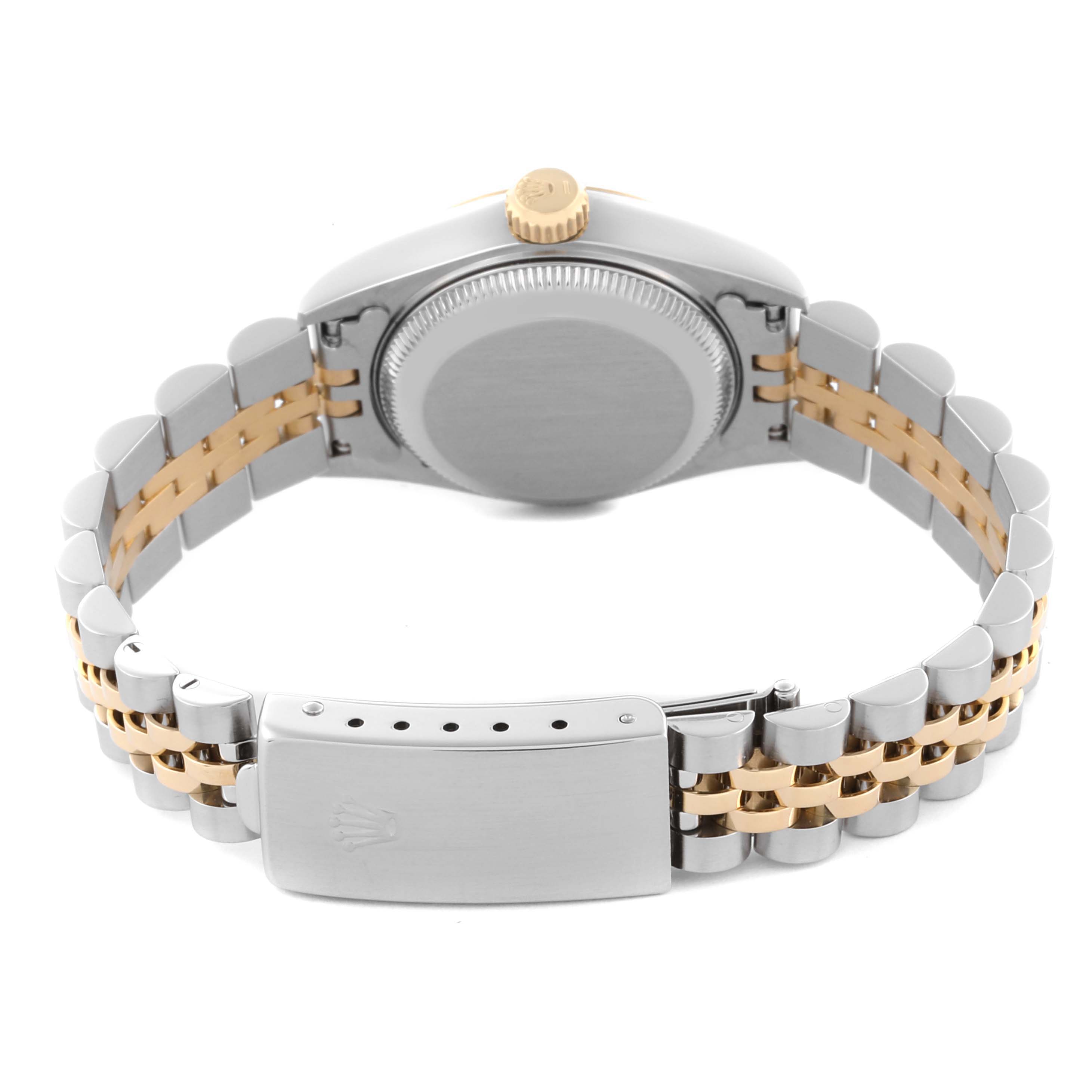 The Rolex Datejust 69173 Women's Steel and Gold (two tone) White Dial 69173 Women's Steel and Gold (two tone) White Dial watch is shown from the back, displaying its bracelet and clasp.