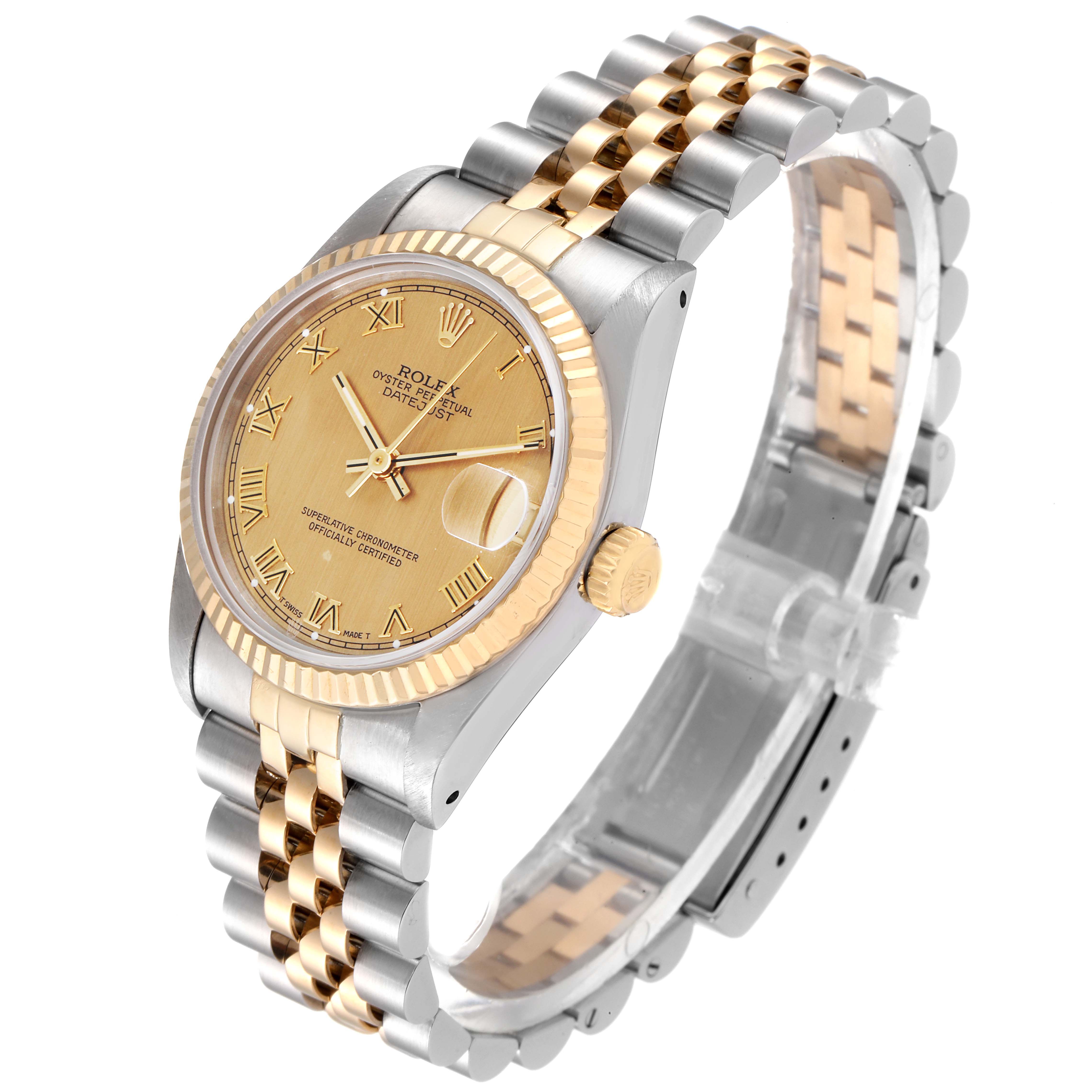 The Rolex Mid-Size 68273 Women's Steel and Gold (two tone) Champagne Dial 68273 Women's Steel and Gold (two tone) Champagne Dial watch is shown at a three-quarter angle highlighting the dial, bezel, and two-tone bracelet.