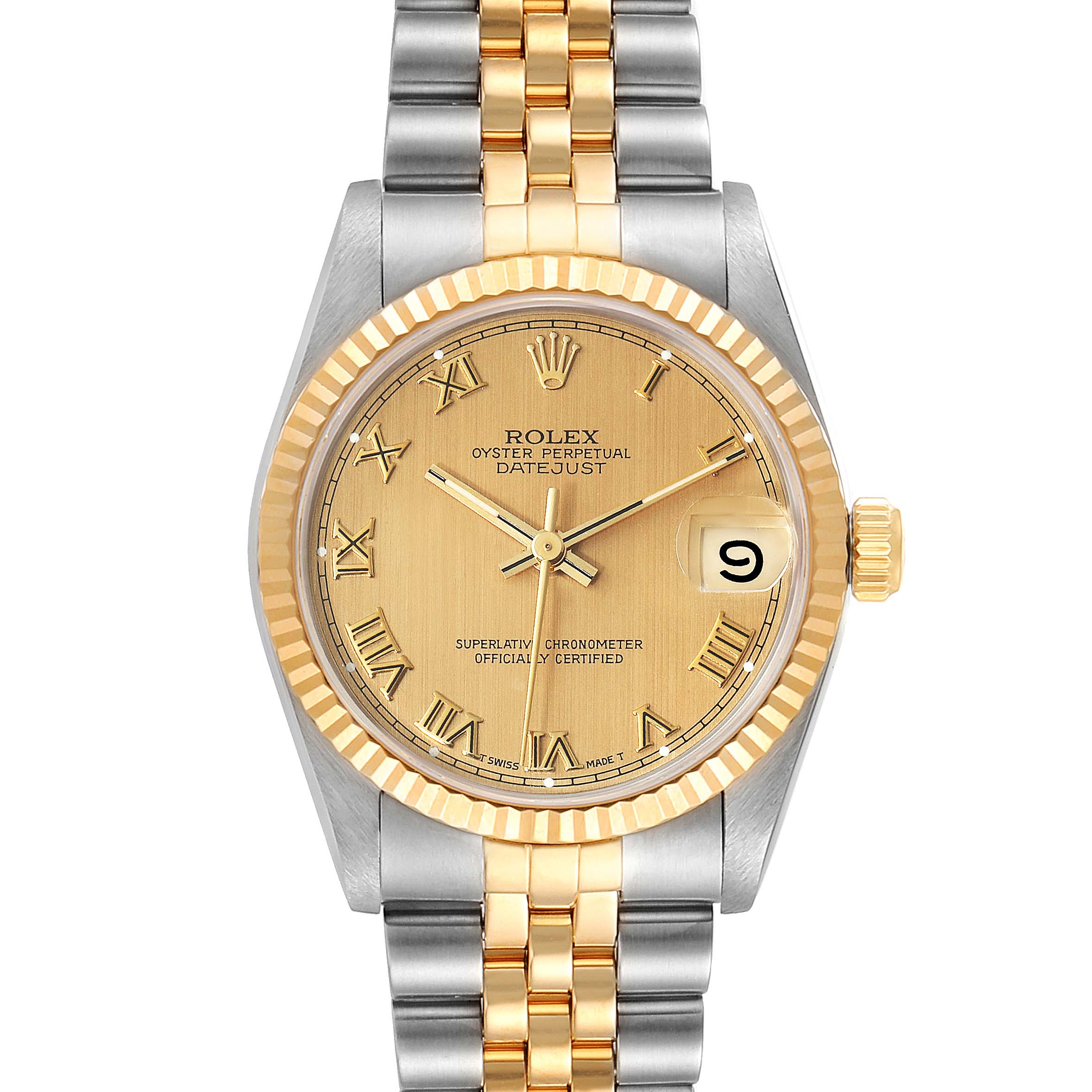 The Rolex Mid-Size 68273 Women's Steel and Gold (two tone) Champagne Dial 68273 Women's Steel and Gold (two tone) Champagne Dial watch is shown from a front angle, displaying its face, bezel, and two-tone bracelet.