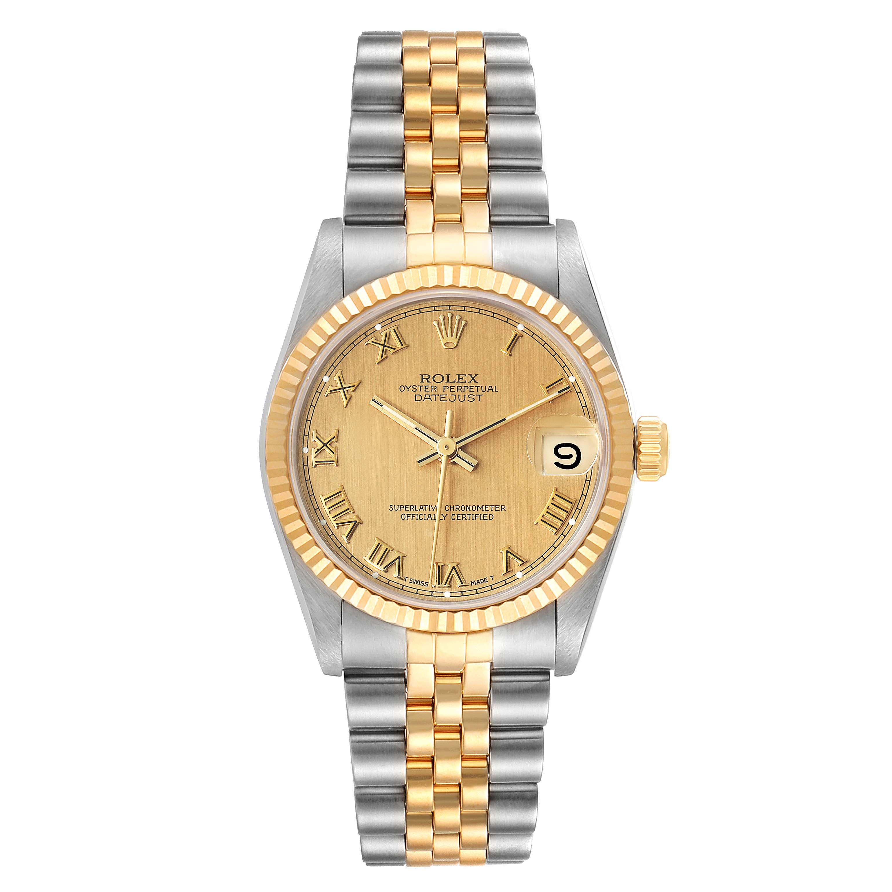 The image shows the front view of a Rolex Mid-Size 68273 Women's Steel and Gold (two tone) Champagne Dial 68273 Women's Steel and Gold (two tone) Champagne Dial Oyster Perpetual Datejust, displaying the dial, bracelet, and bezel.