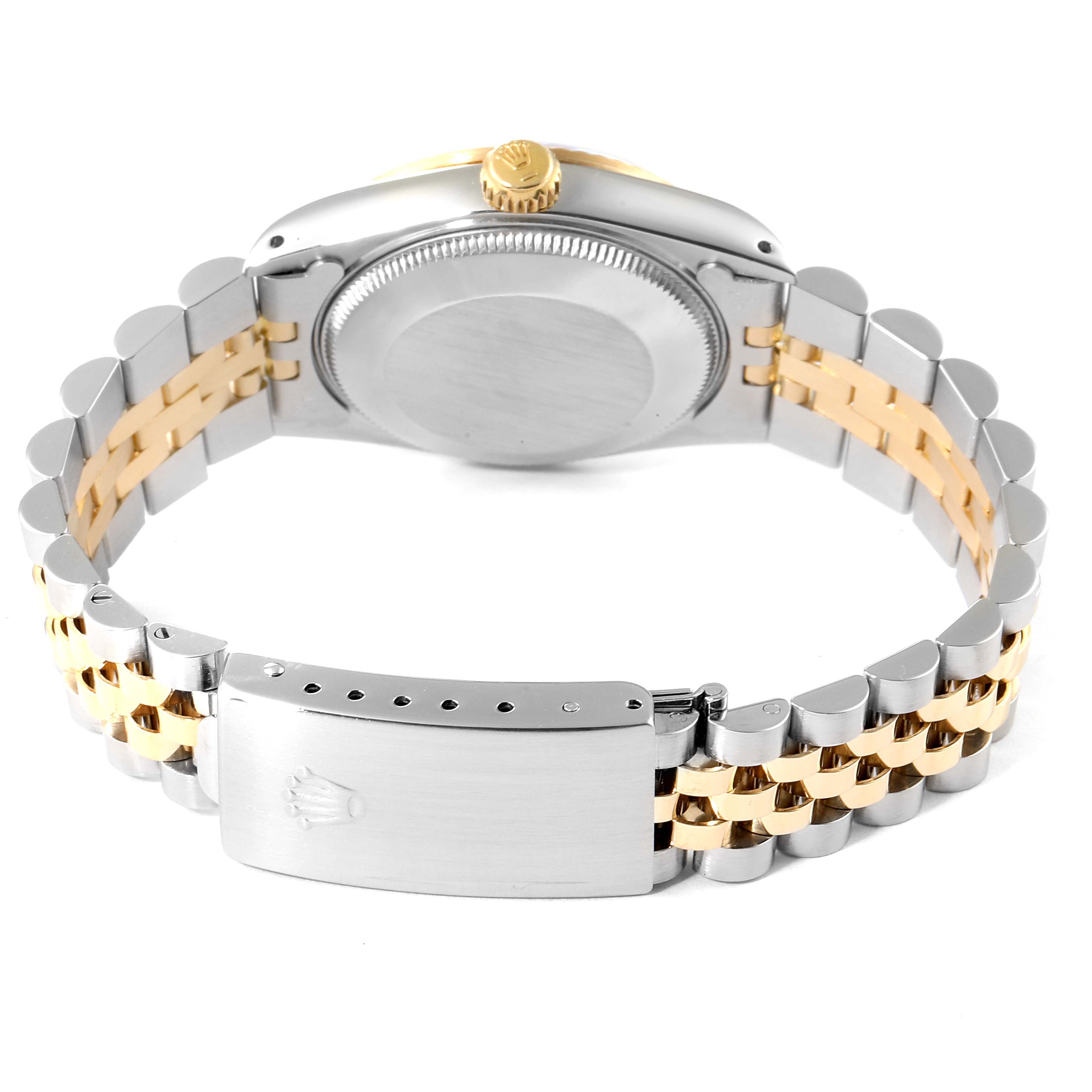 The Rolex Mid-Size 68273 Women's Steel and Gold (two tone) Champagne Dial 68273 Women's Steel and Gold (two tone) Champagne Dial watch is shown from the back, highlighting the closed case, crown, and two-tone bracelet with a clasp.