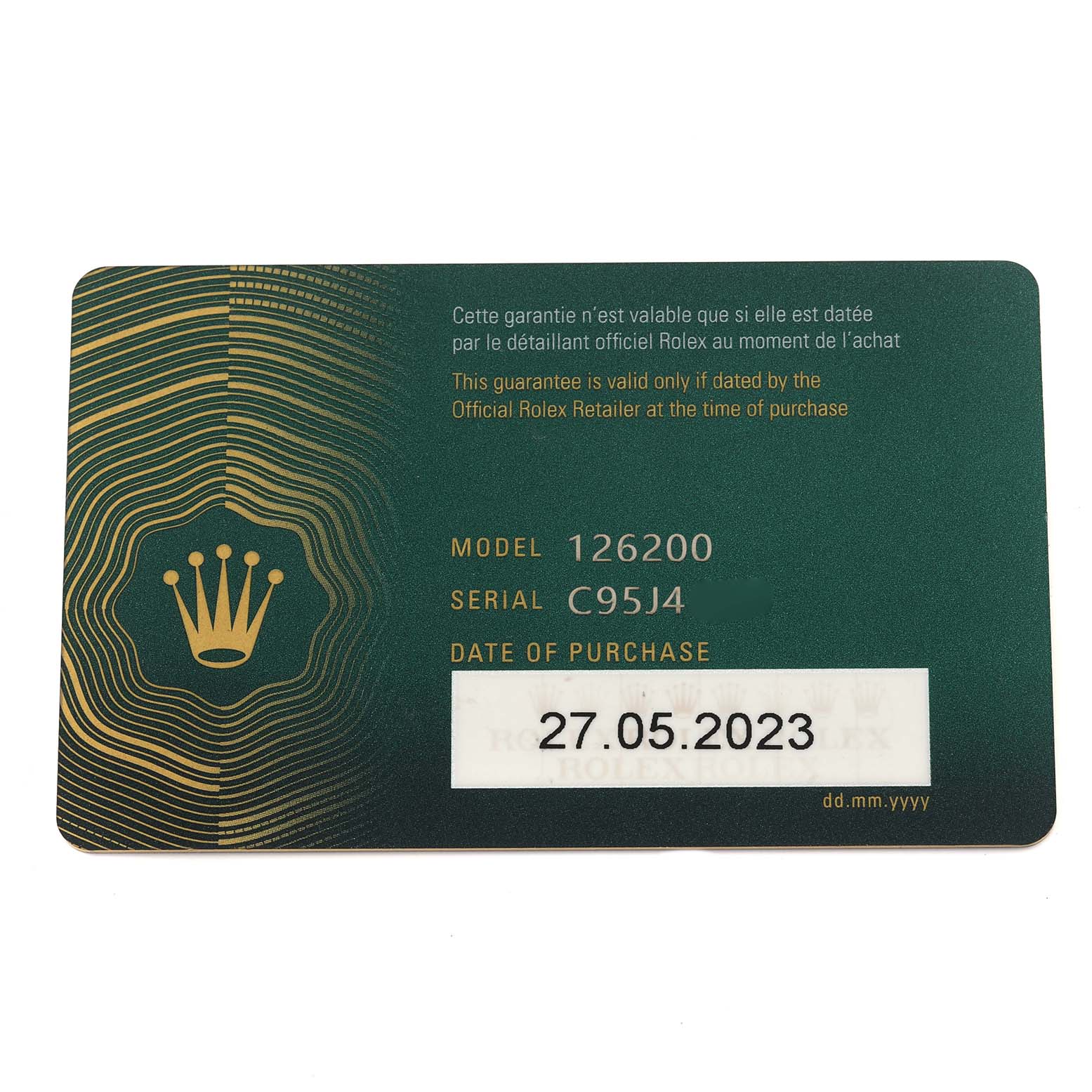 The image shows a warranty card for a Rolex Datejust 126200 Men's Stainless Steel Green Dial 126200 Men's Stainless Steel Green Dial model, featuring model and serial numbers.