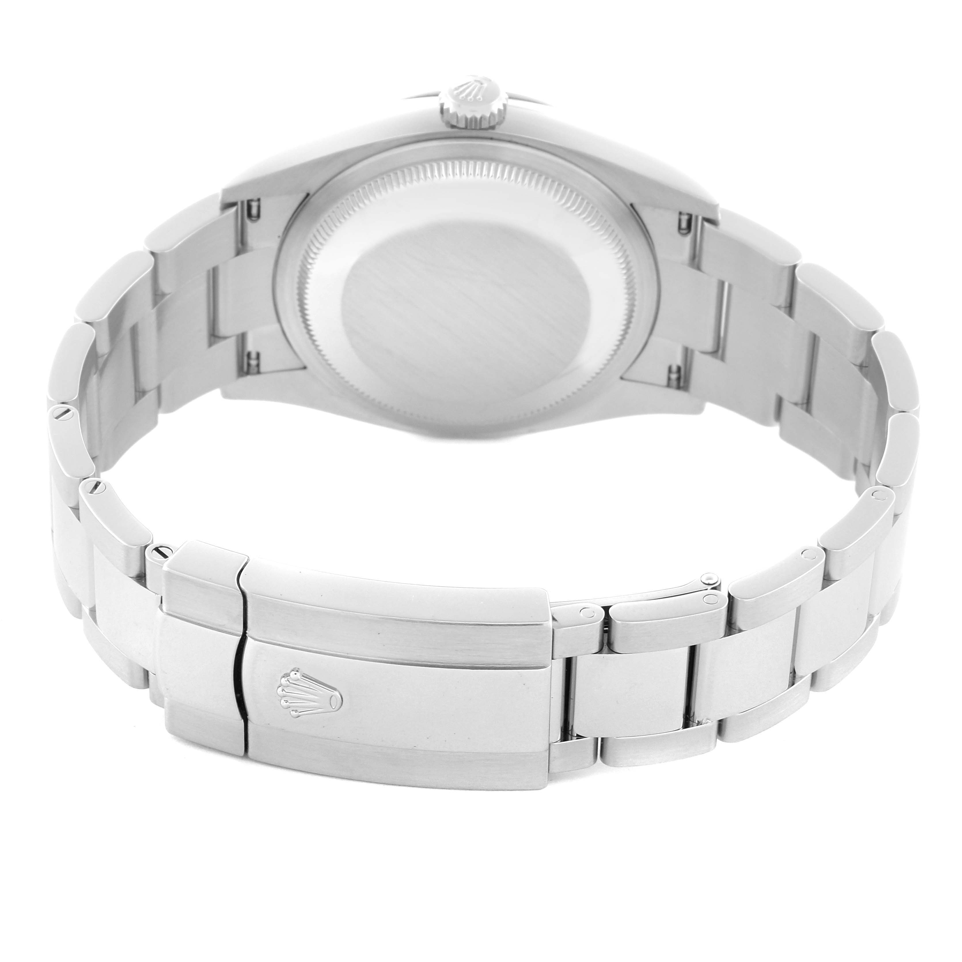 The Rolex Datejust 126200 Men's Stainless Steel Green Dial 126200 Men's Stainless Steel Green Dial watch is shown from the back, highlighting the case back, bracelet, and clasp.