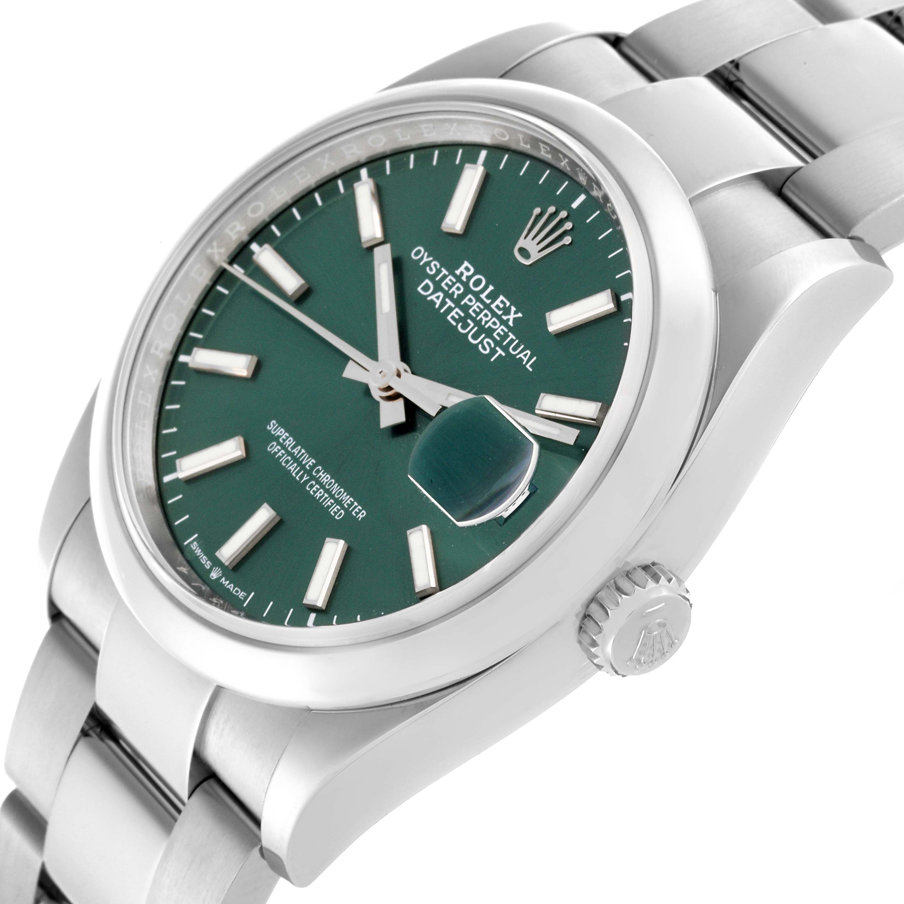 The Rolex Datejust 126200 Men's Stainless Steel Green Dial 126200 Men's Stainless Steel Green Dial watch is shown at a tilted angle displaying the dial, bezel, crown, and part of the bracelet.