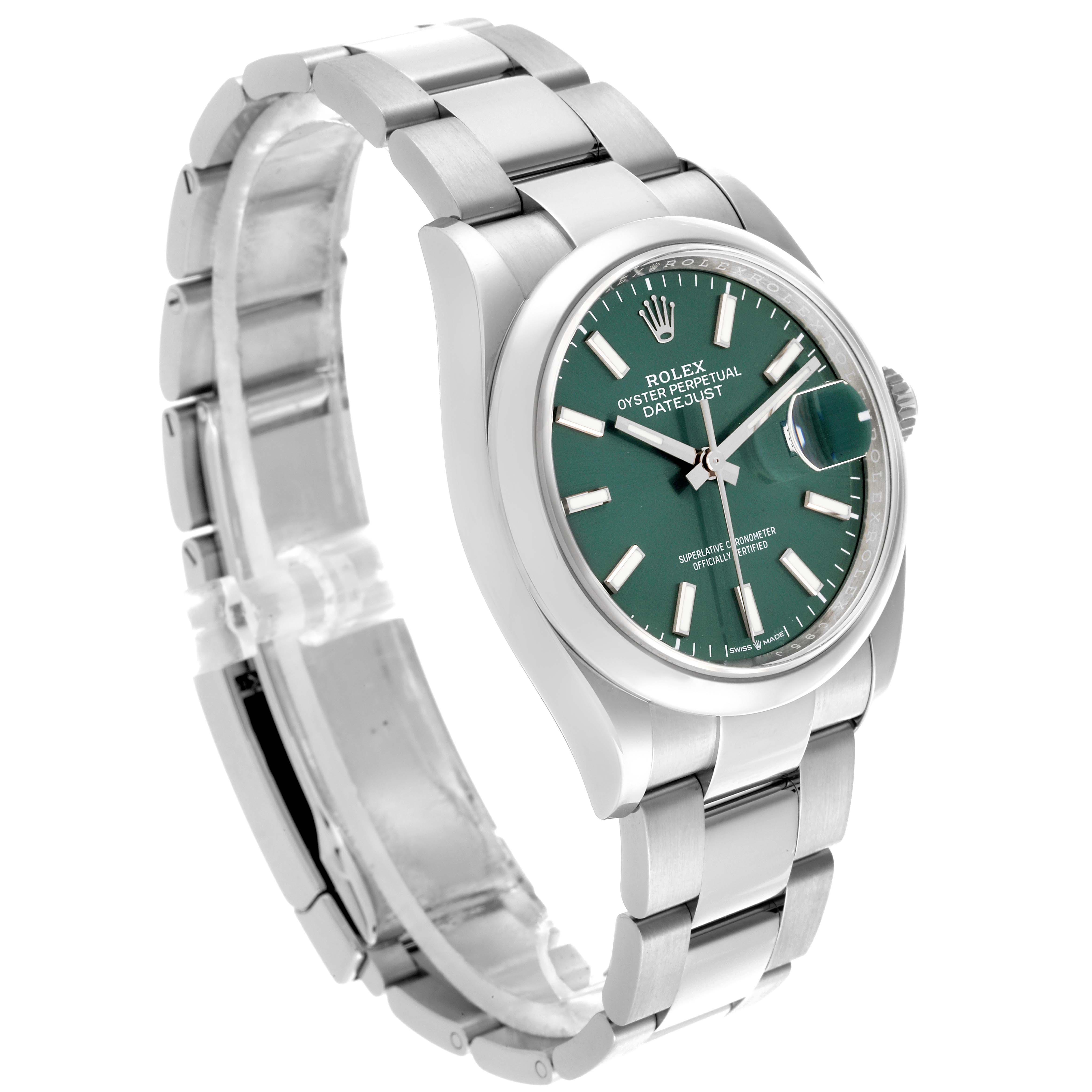 The Rolex Datejust 126200 Men's Stainless Steel Green Dial 126200 Men's Stainless Steel Green Dial watch is shown at a side angle, displaying the dial, bracelet, and crown.