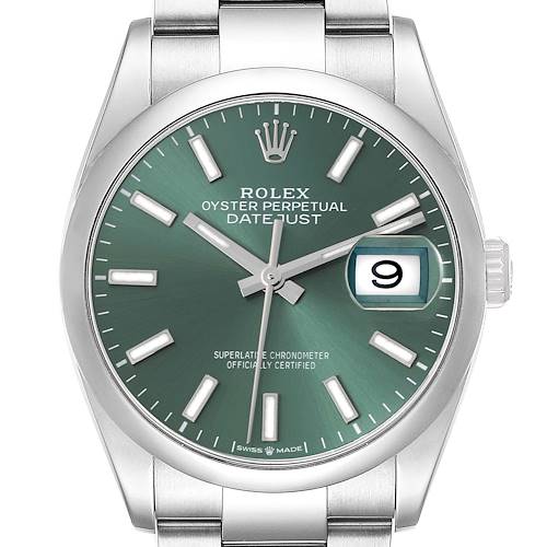 The Rolex Datejust watch is shown from the front, displaying the dial, hands, date window, bezel, and part of the bracelet.