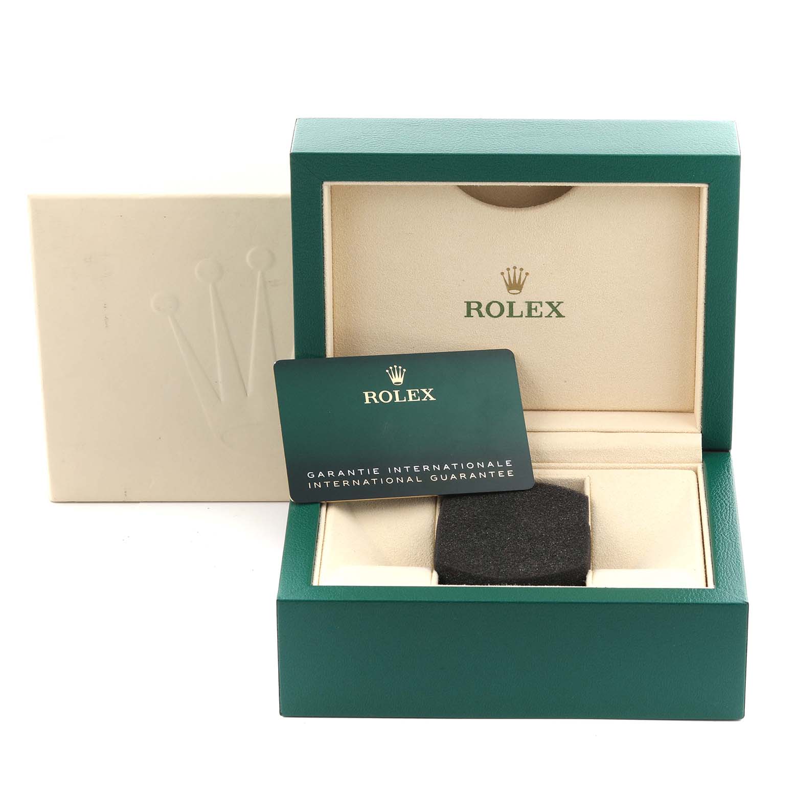 The image shows a Rolex Datejust 126200 Men's Stainless Steel Green Dial 126200 Men's Stainless Steel Green Dial watch box, warranty card, and cushion from a front angle.