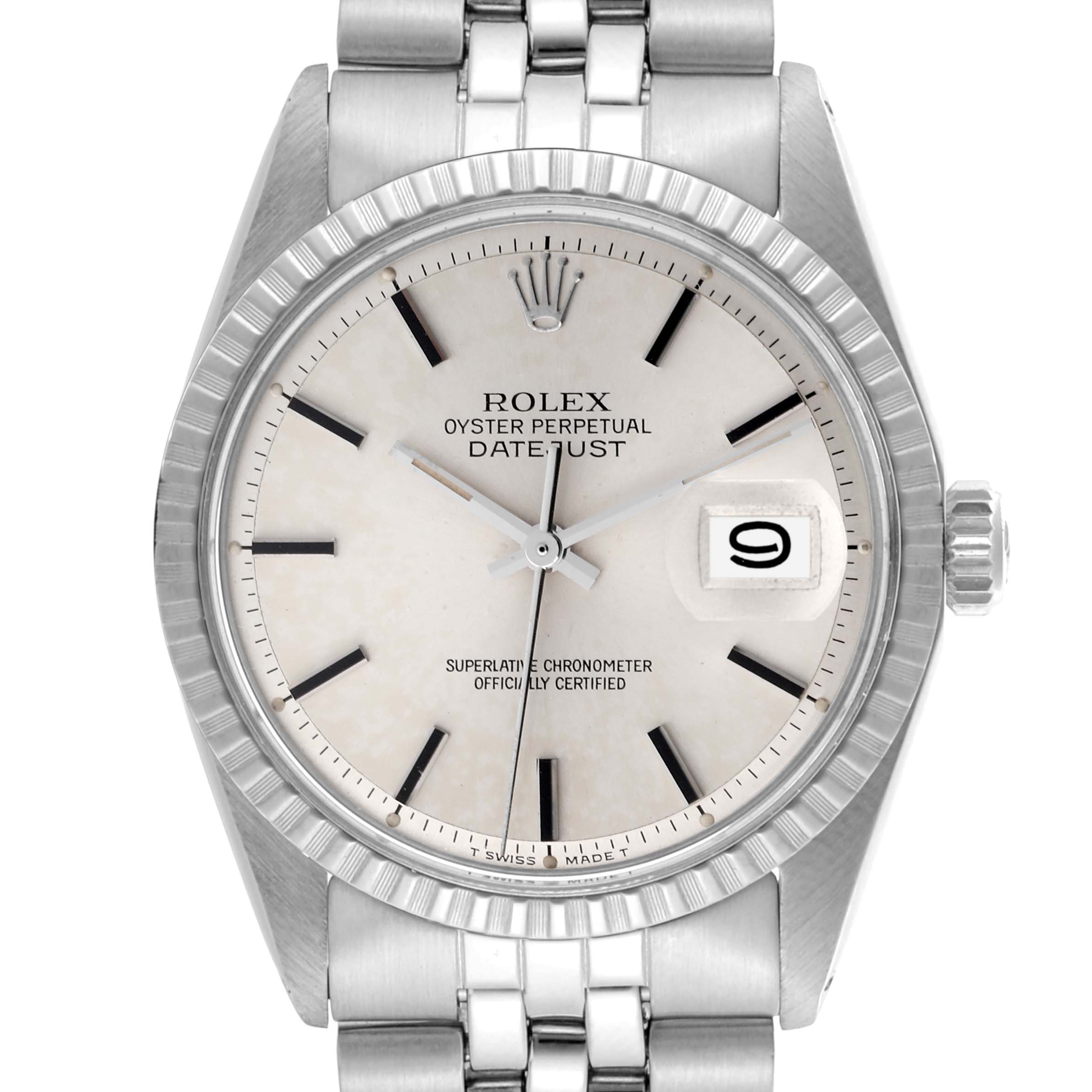 The Rolex Vintage Collection 1603 Men's Stainless Steel Silver Dial 1603 Men's Stainless Steel Silver Dial watch is shown from a front angle, highlighting the dial, hands, date window, crown, and bracelet.
